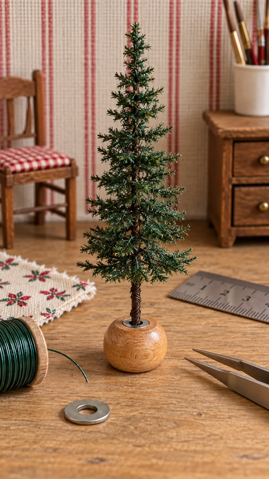 Miniature Christmas tree secured in a small wooden stand