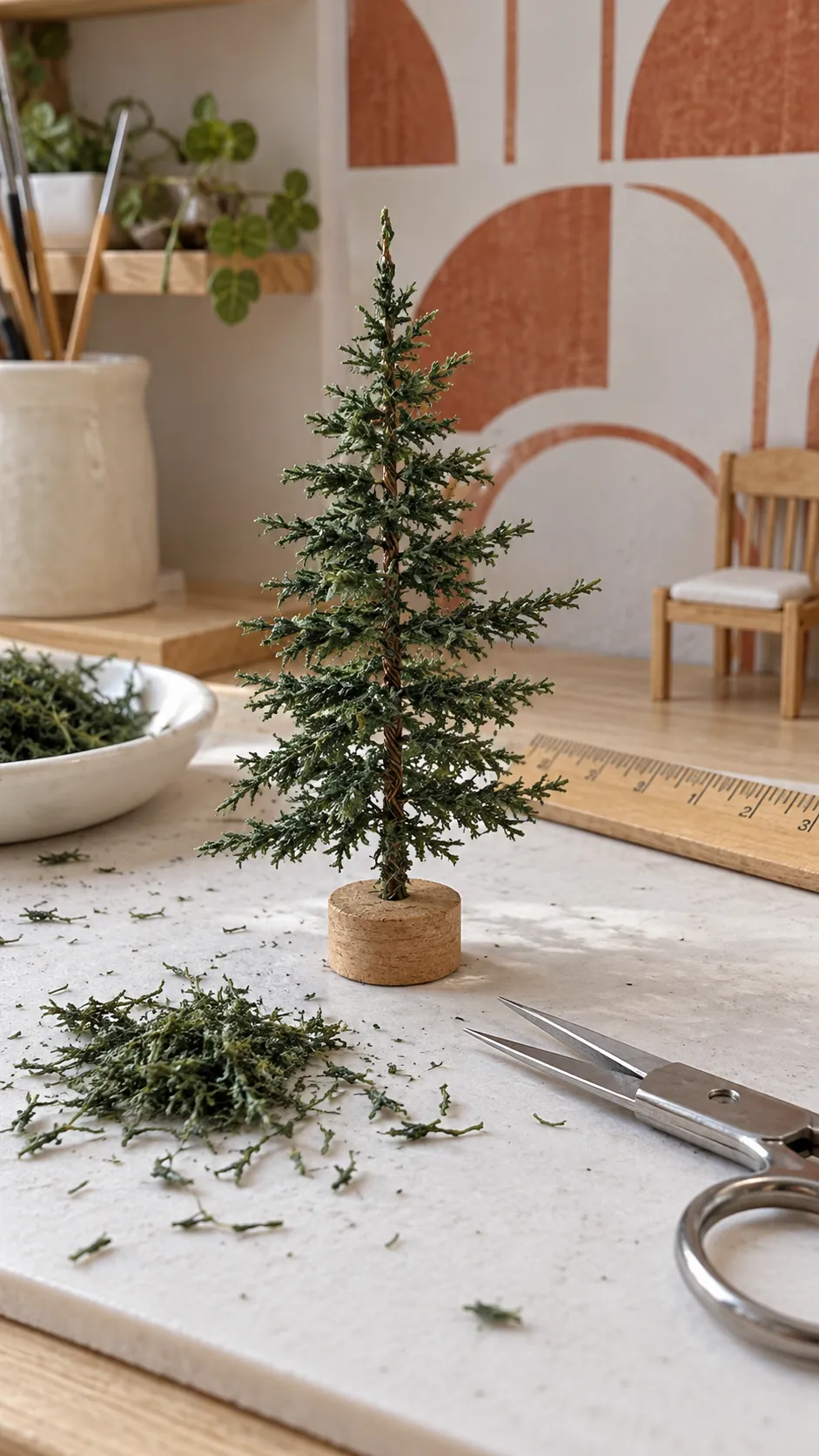 Small scissors trimming the silhouette of a handmade miniature tree