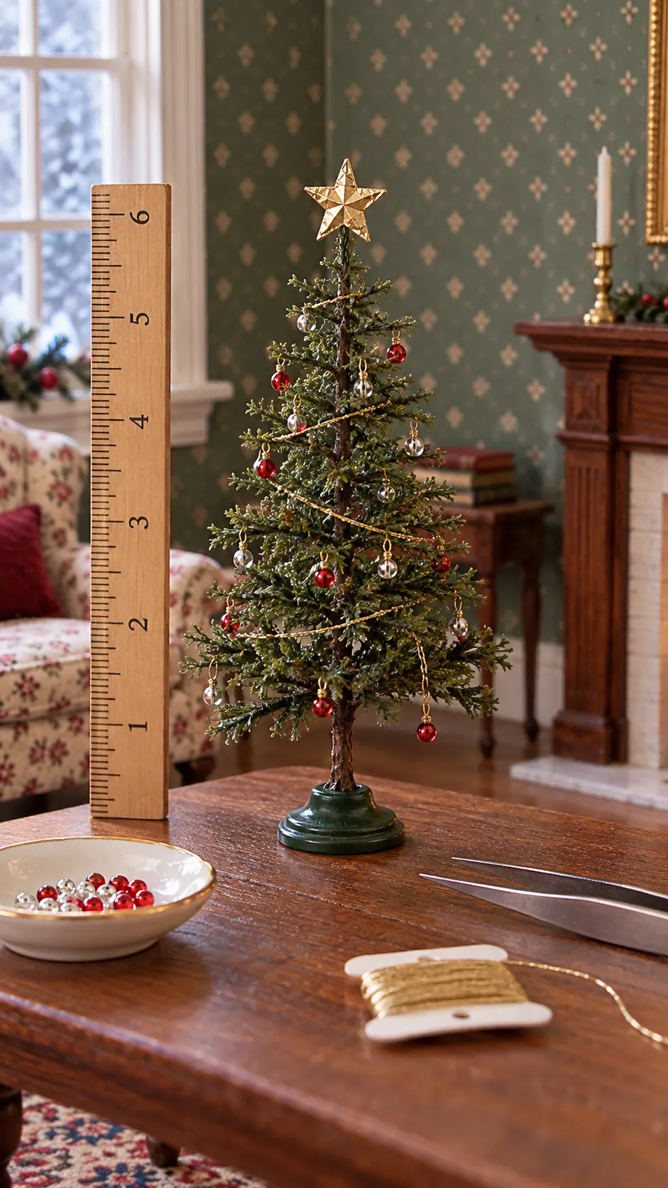 Finished 1:12 scale miniature Christmas tree with tiny ornaments