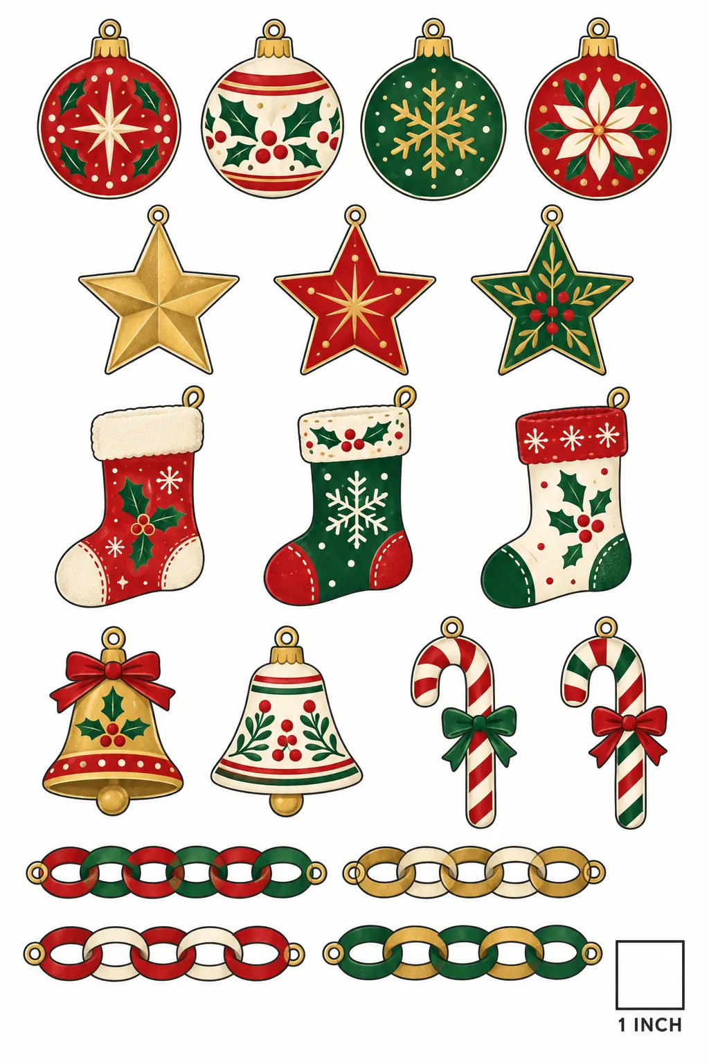 Printable sheet of 1:12 scale miniature Christmas ornaments