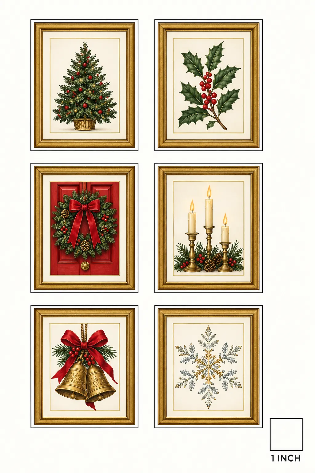 Printable sheet of tiny framed Christmas pictures for a dollhouse
