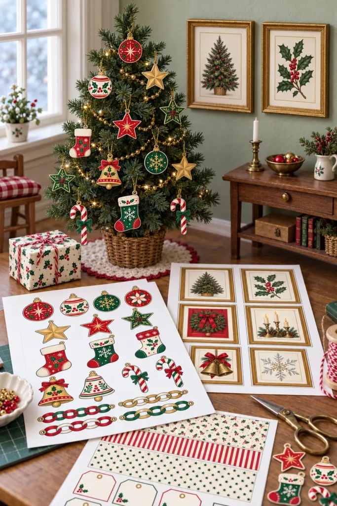 Printable miniature Christmas decorations used in a 1:12 scale dollhouse