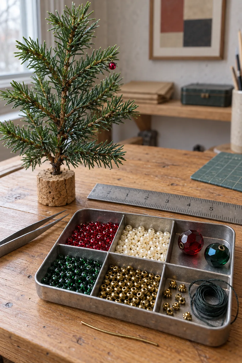 Small beads being selected beside a miniature Christmas tree
