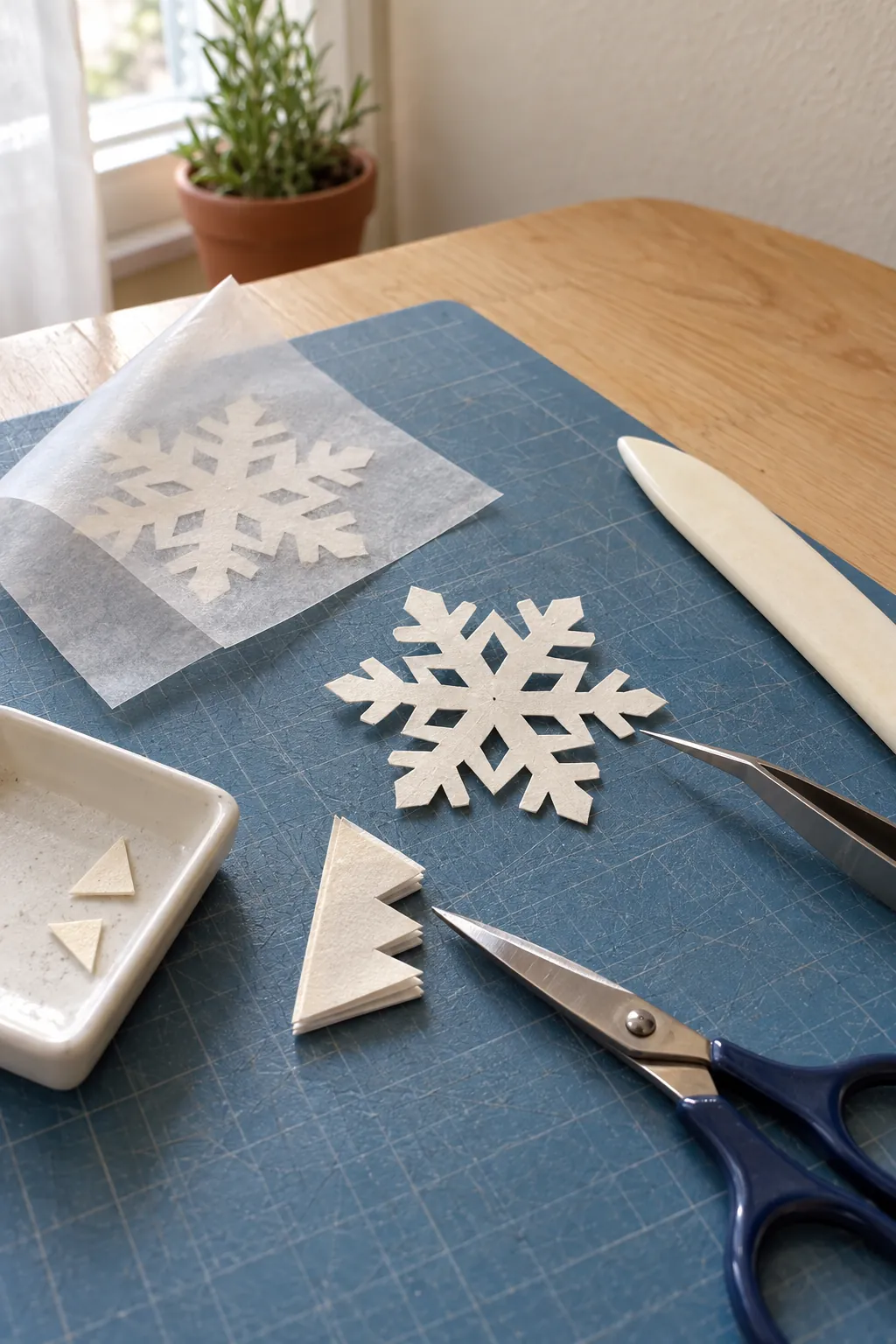 Tiny folded paper snowflakes cut with pointed scissors