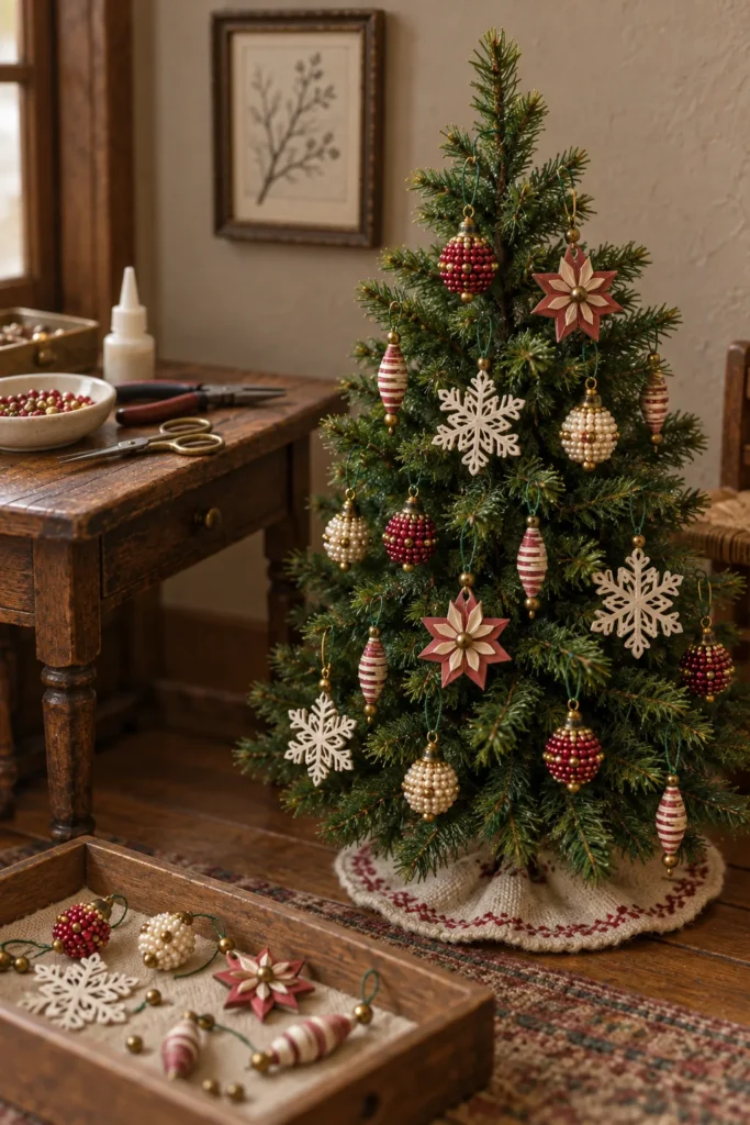 Handmade bead and paper ornaments displayed on a miniature Christmas tree