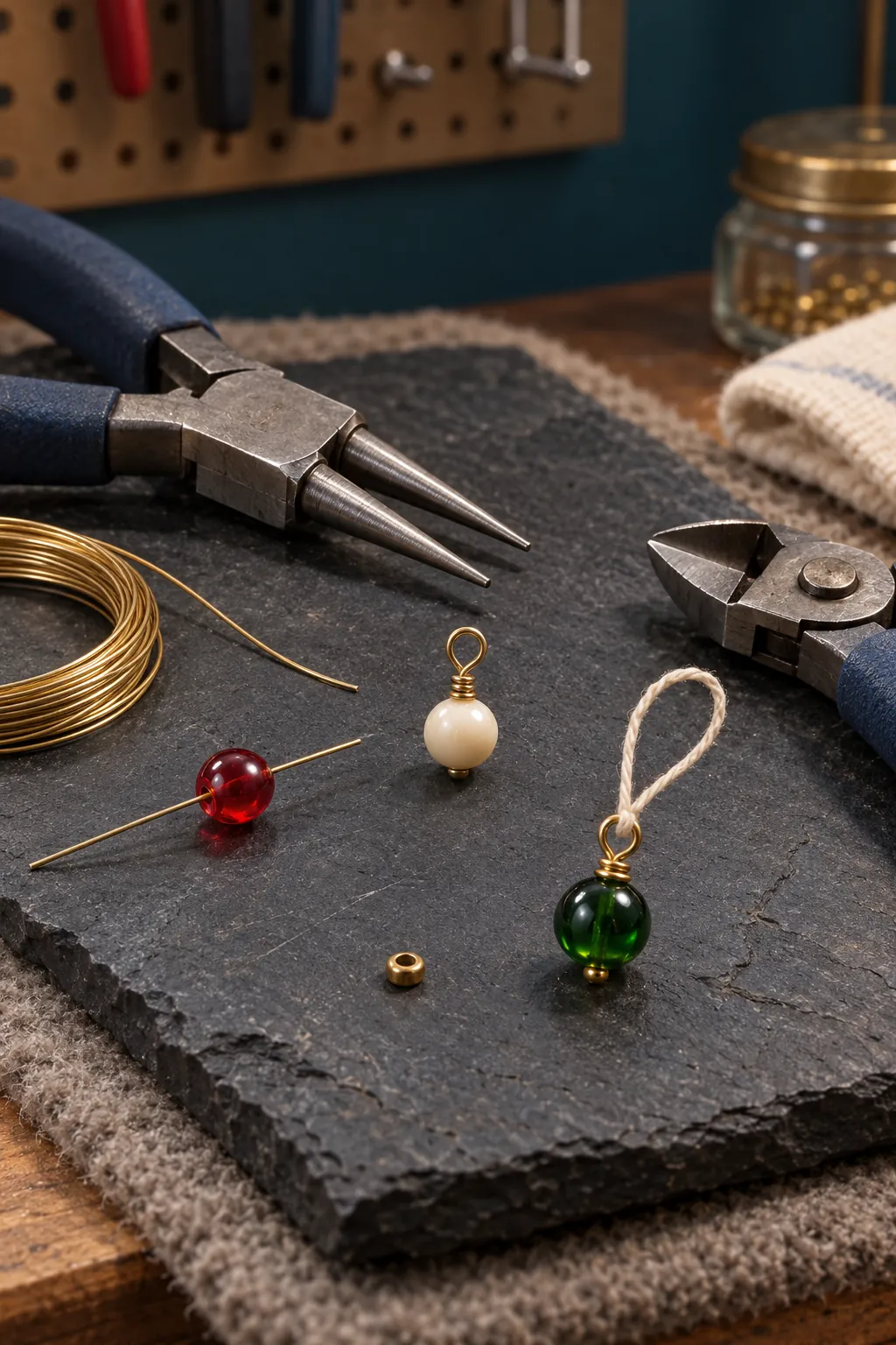 Fine wire loops being formed on tiny bead baubles