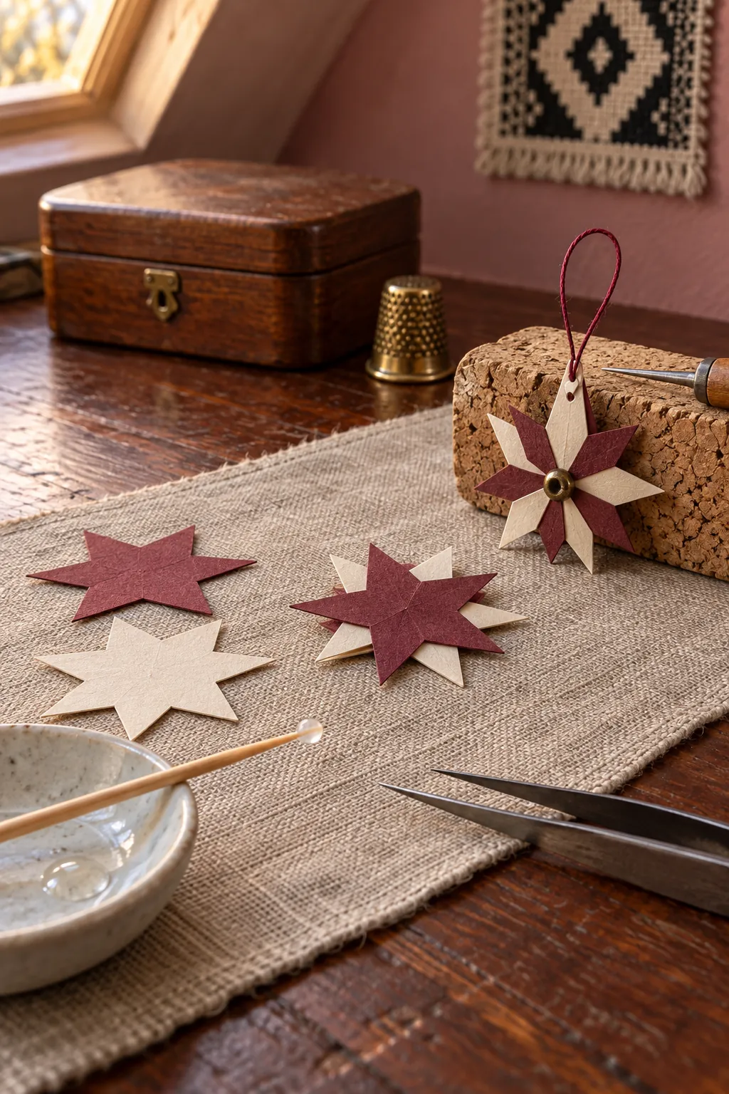 Layered miniature paper stars with bead centers