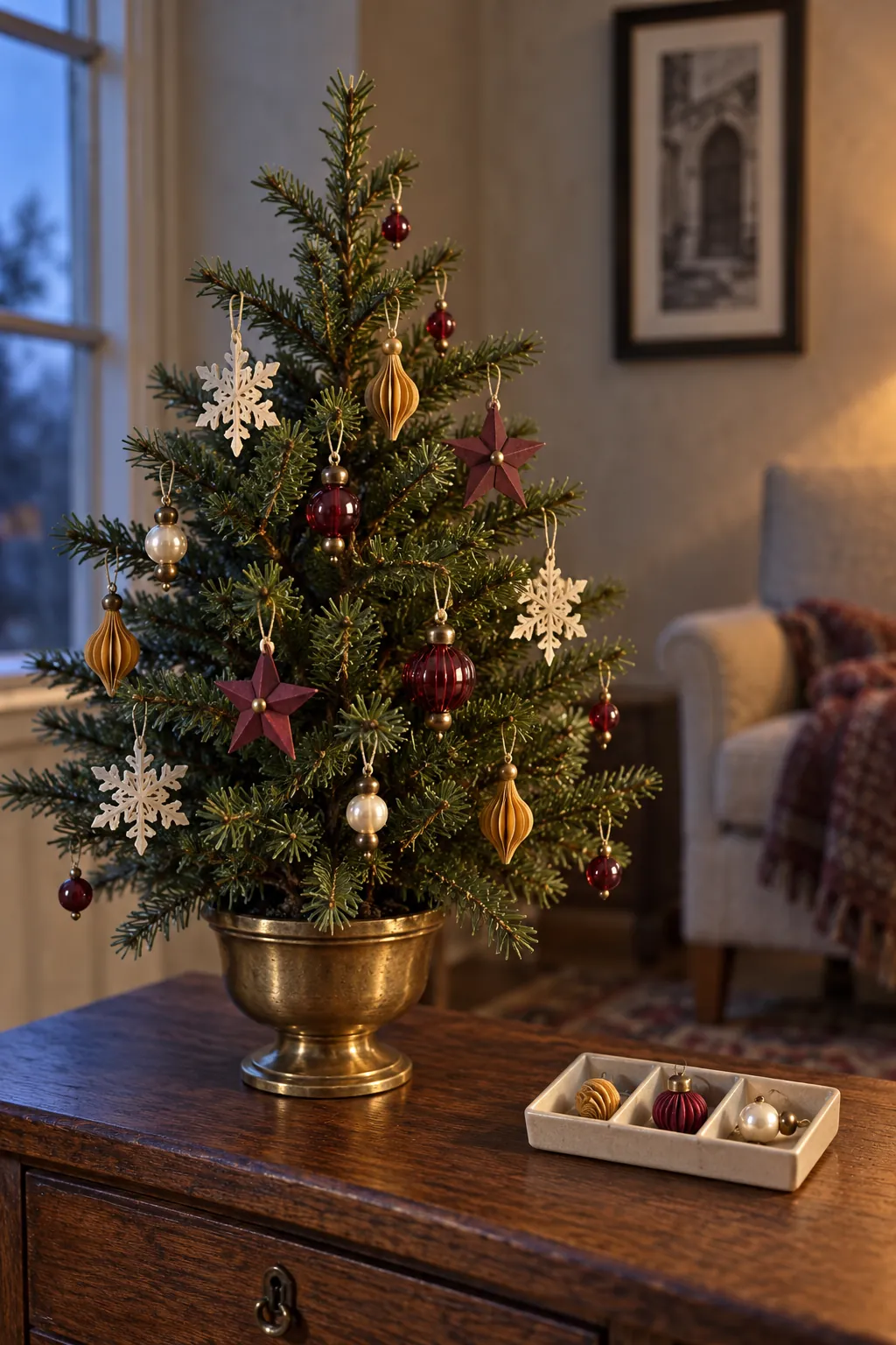 Finished bead and paper ornaments on a dollhouse Christmas tree