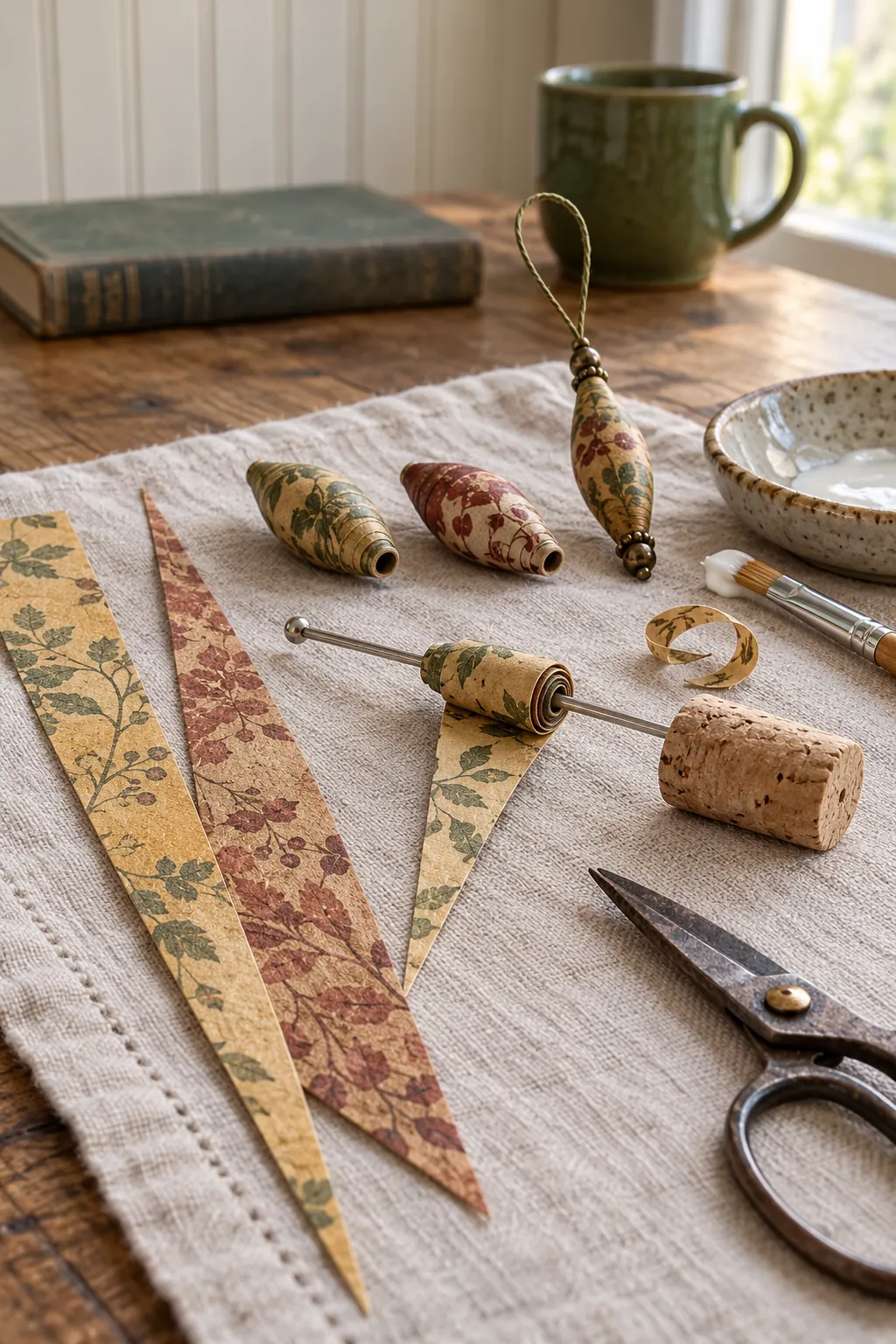 Narrow paper strips rolled into miniature ornament beads