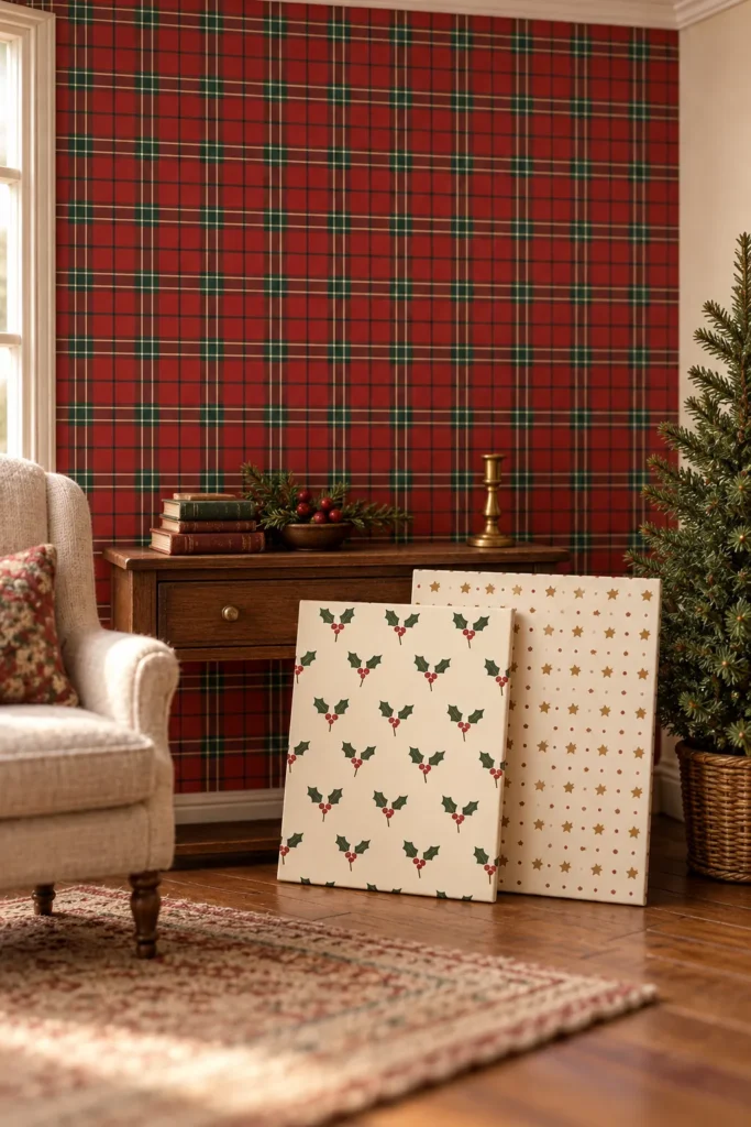 Three Christmas wallpaper patterns displayed in a decorated dollhouse room