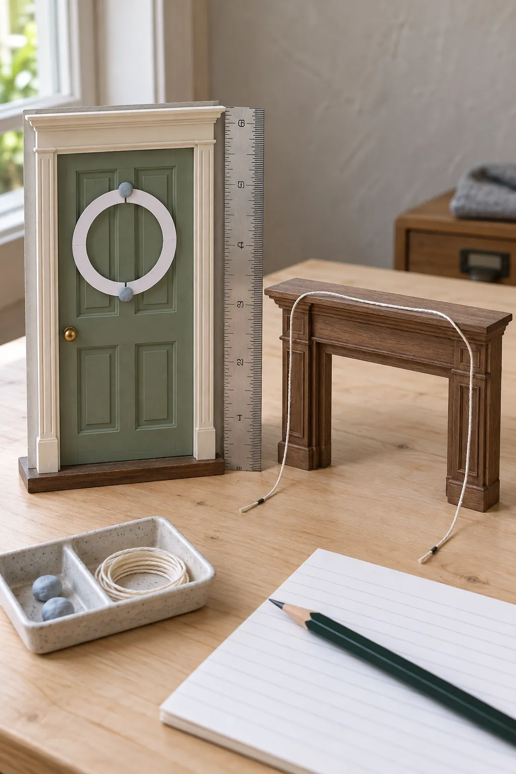 Miniature door and mantel measured for wreath and garland size