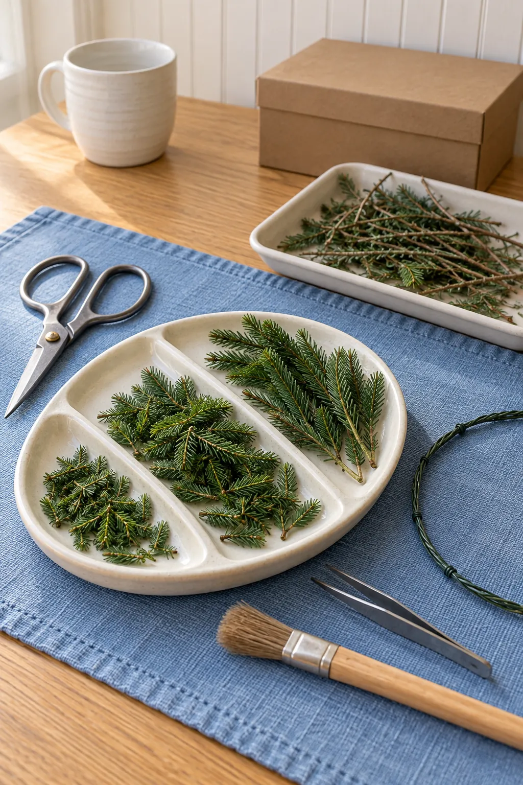 Tiny evergreen sprigs sorted for miniature wreath making