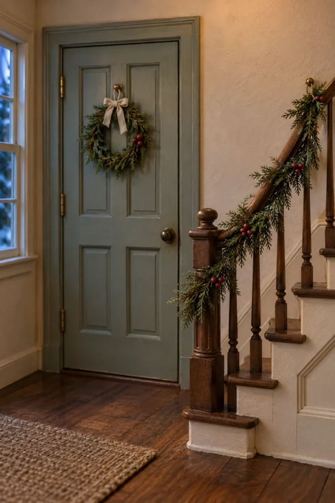 Miniature Christmas wreath and evergreen garland decorating a dollhouse room