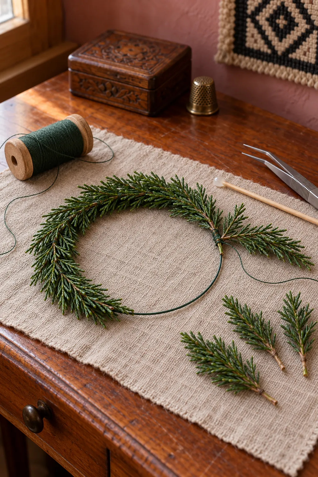 Evergreen sprigs wrapped around a miniature door wreath