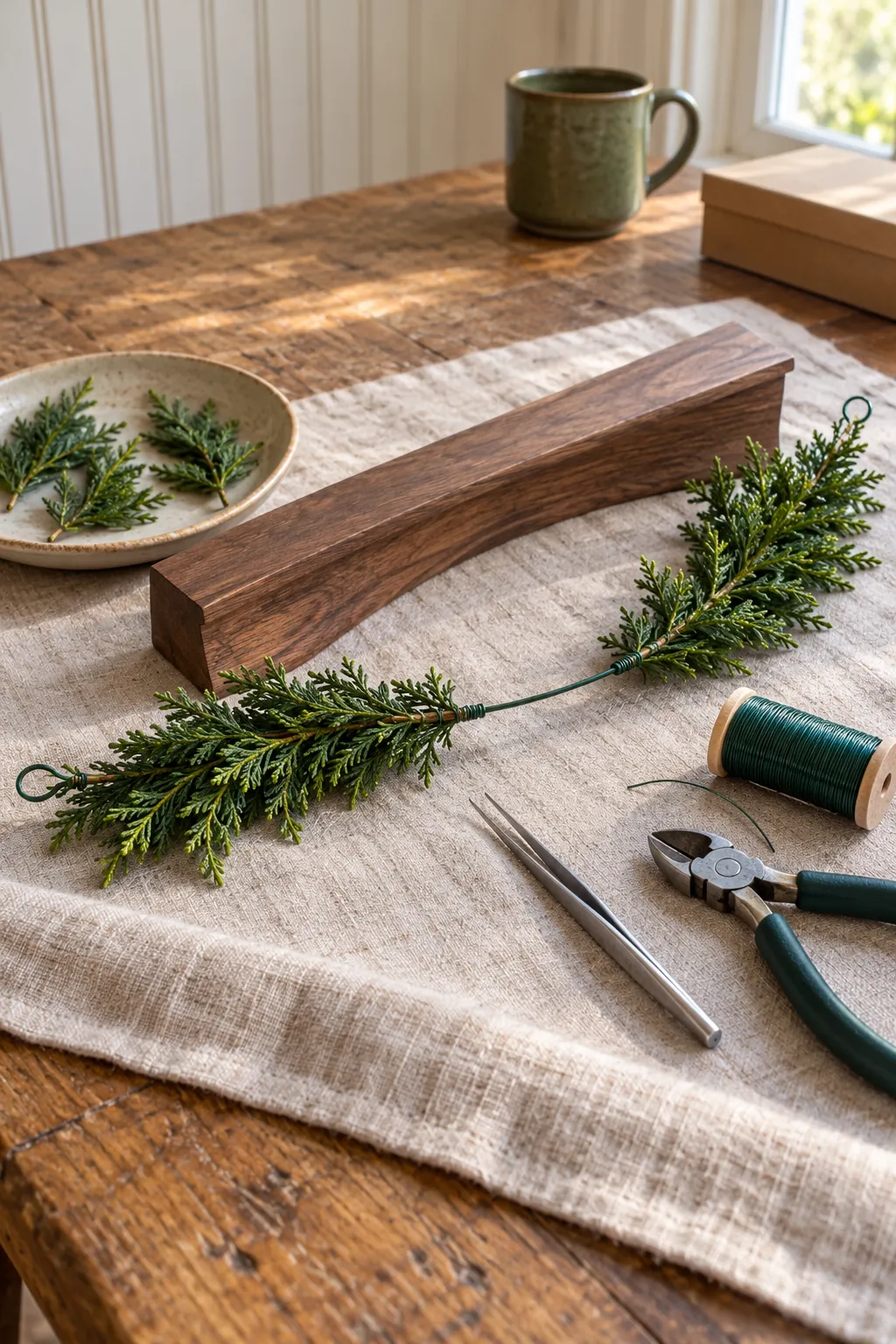 Miniature evergreen garland built on a fine wire core