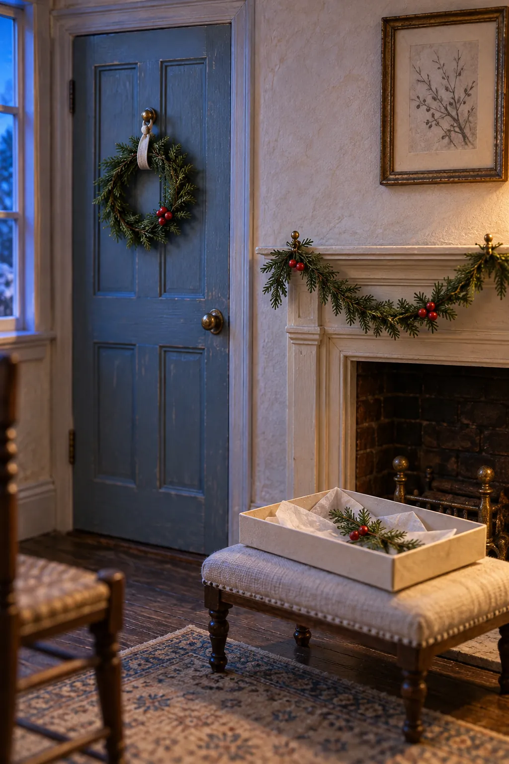 Finished miniature Christmas wreath and garland in a dollhouse room