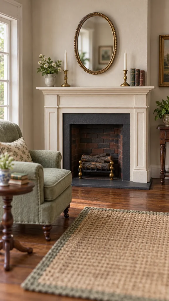 Finished DIY dollhouse fireplace made from foam board in a miniature living room