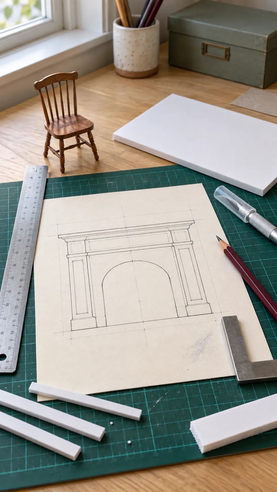 Paper scale plan beside foam board pieces for a miniature fireplace