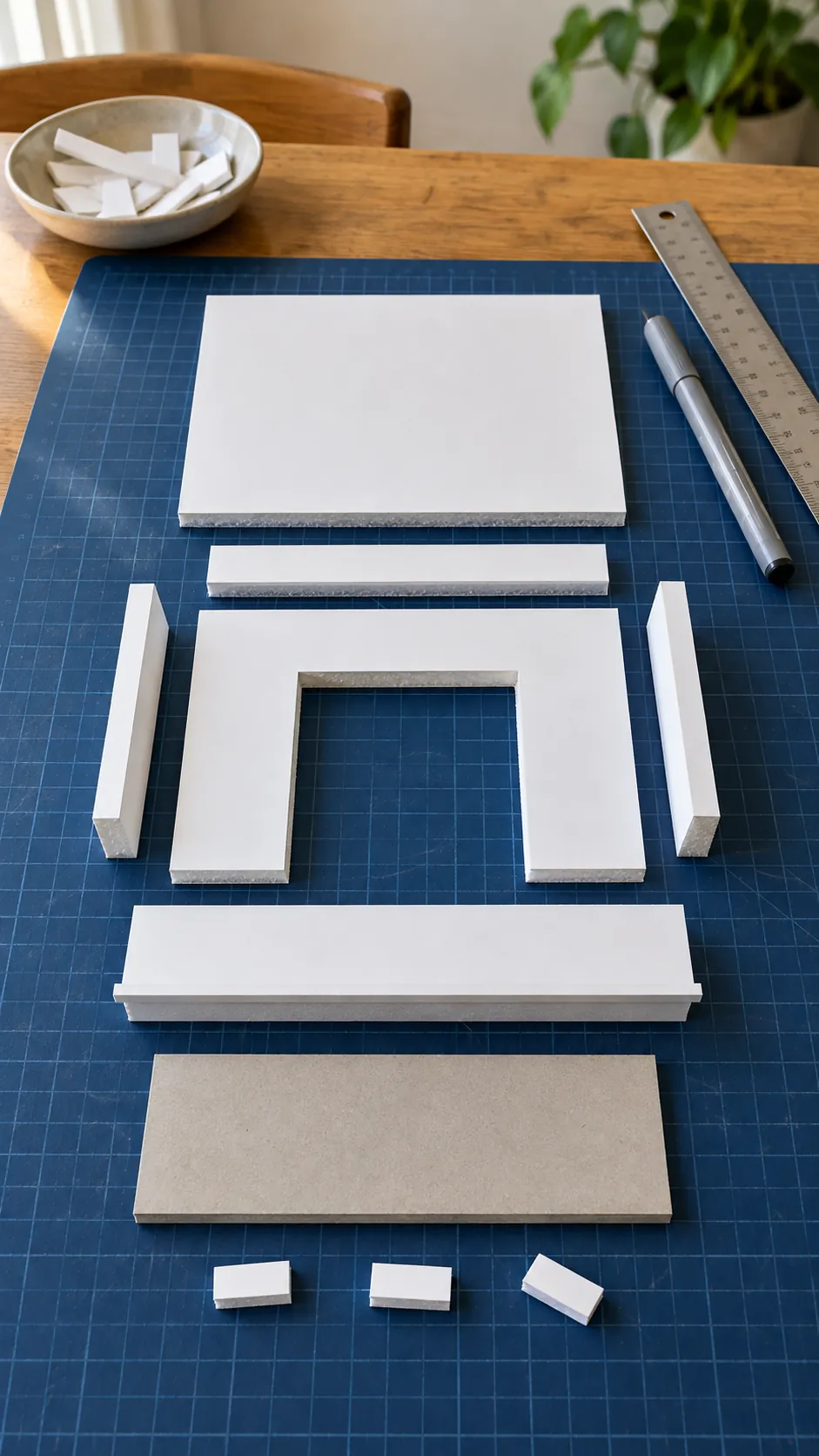 Cut foam board layers forming a miniature fireplace surround
