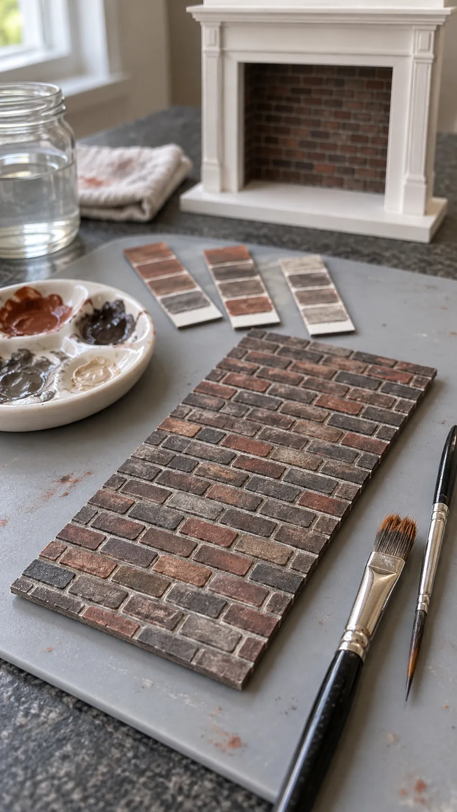 Hand painted faux brick insert inside a dollhouse fireplace