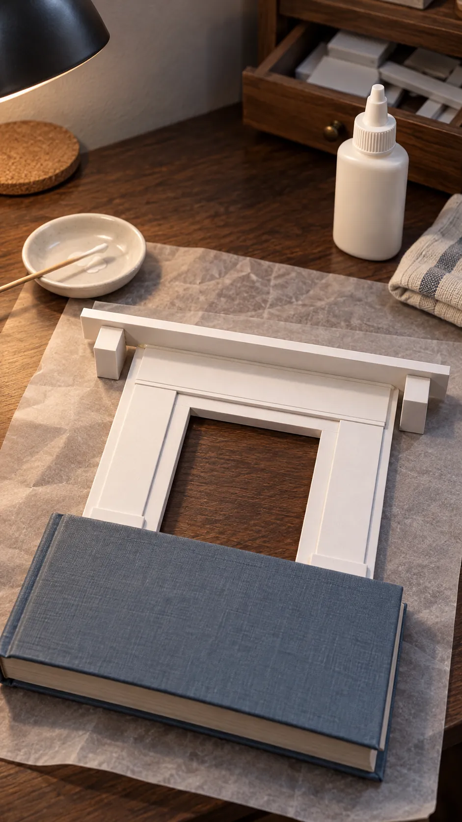 Miniature foam board fireplace being assembled with a small mantel shelf