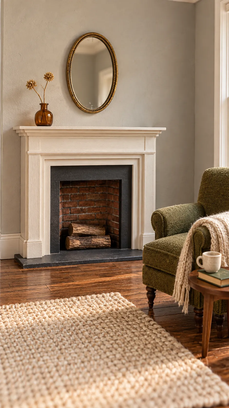 Finished foam board fireplace styled in a miniature dollhouse living room