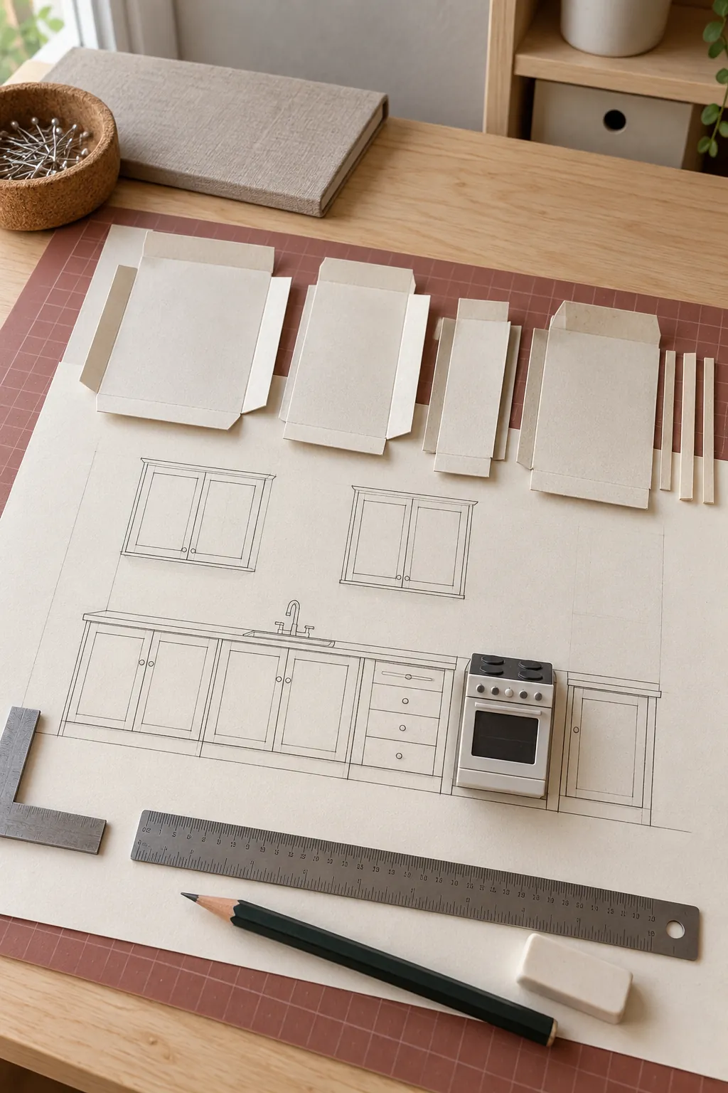 Paper layout plan for dollhouse kitchen cabinets beside small boxes