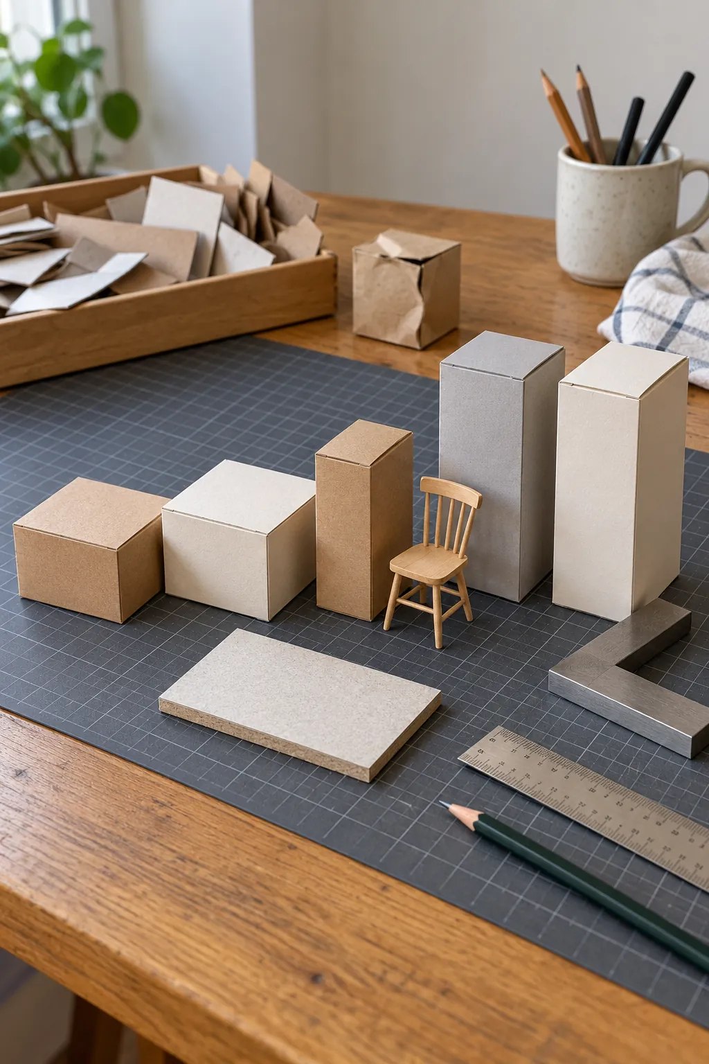 Small cardboard boxes selected for miniature kitchen cabinets