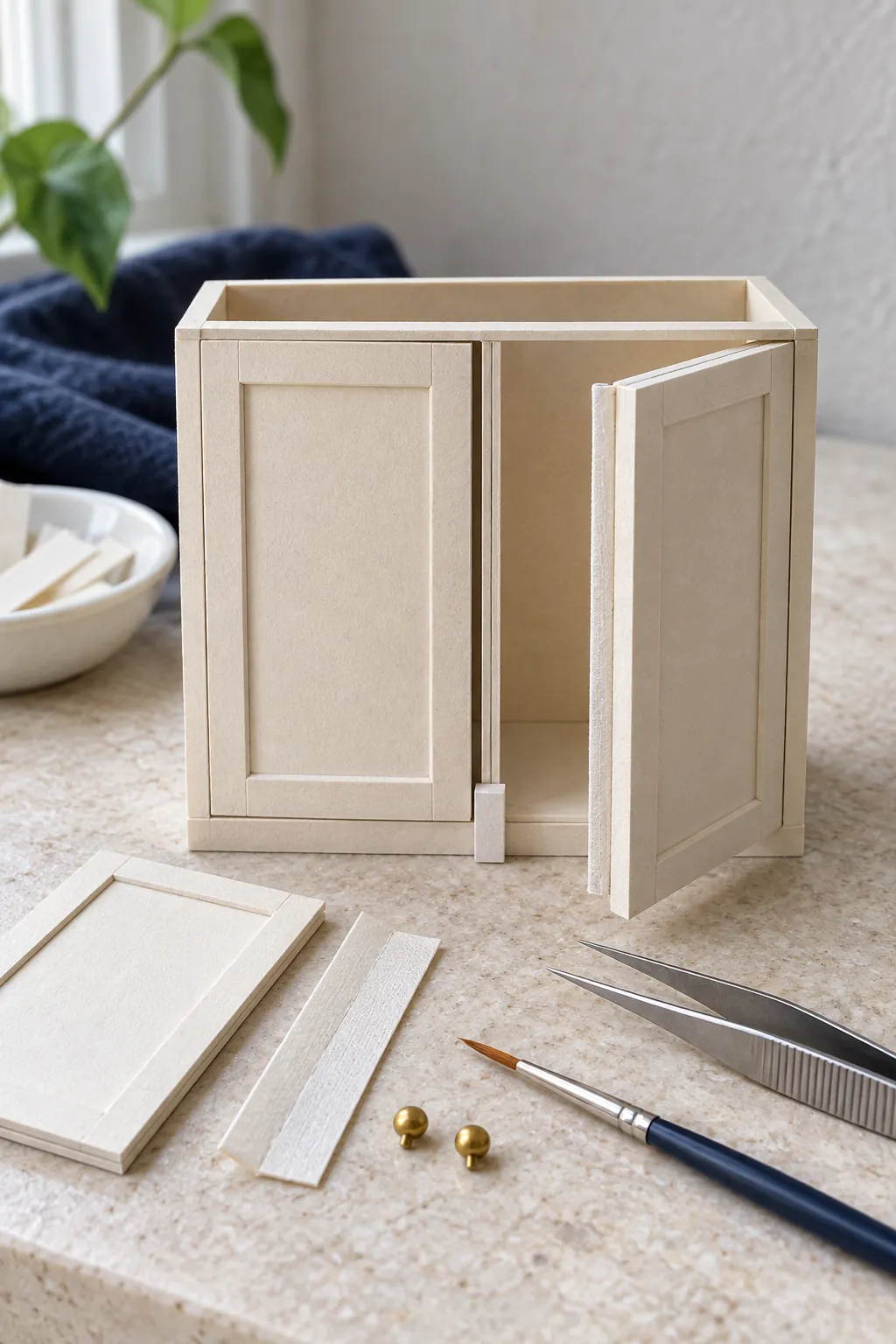 Miniature cardboard cupboard doors with simple hidden paper hinges