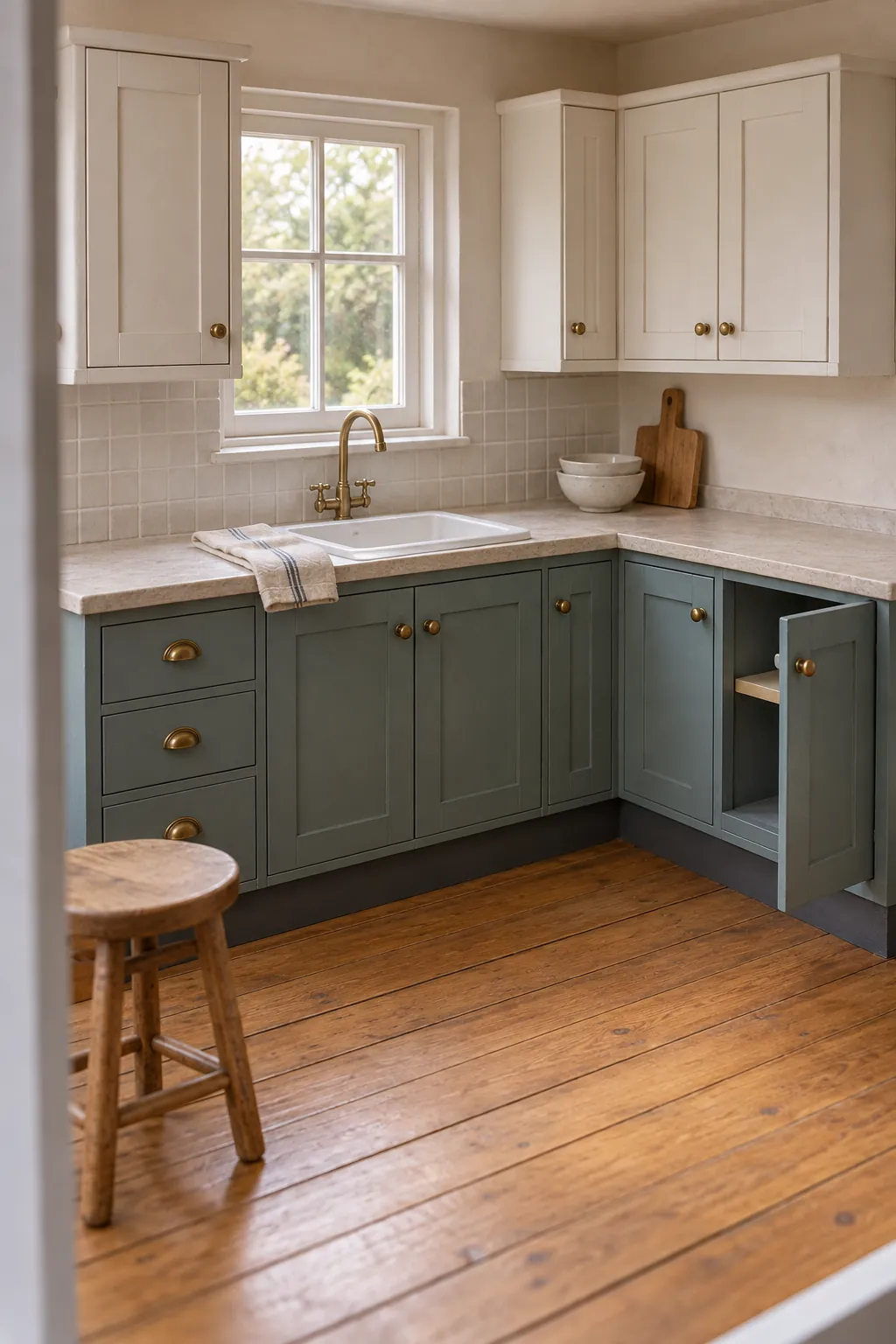 Finished DIY miniature kitchen cabinets installed in a dollhouse