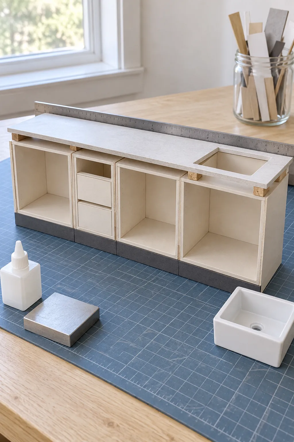 Small box cabinet units joined beneath a miniature kitchen worktop