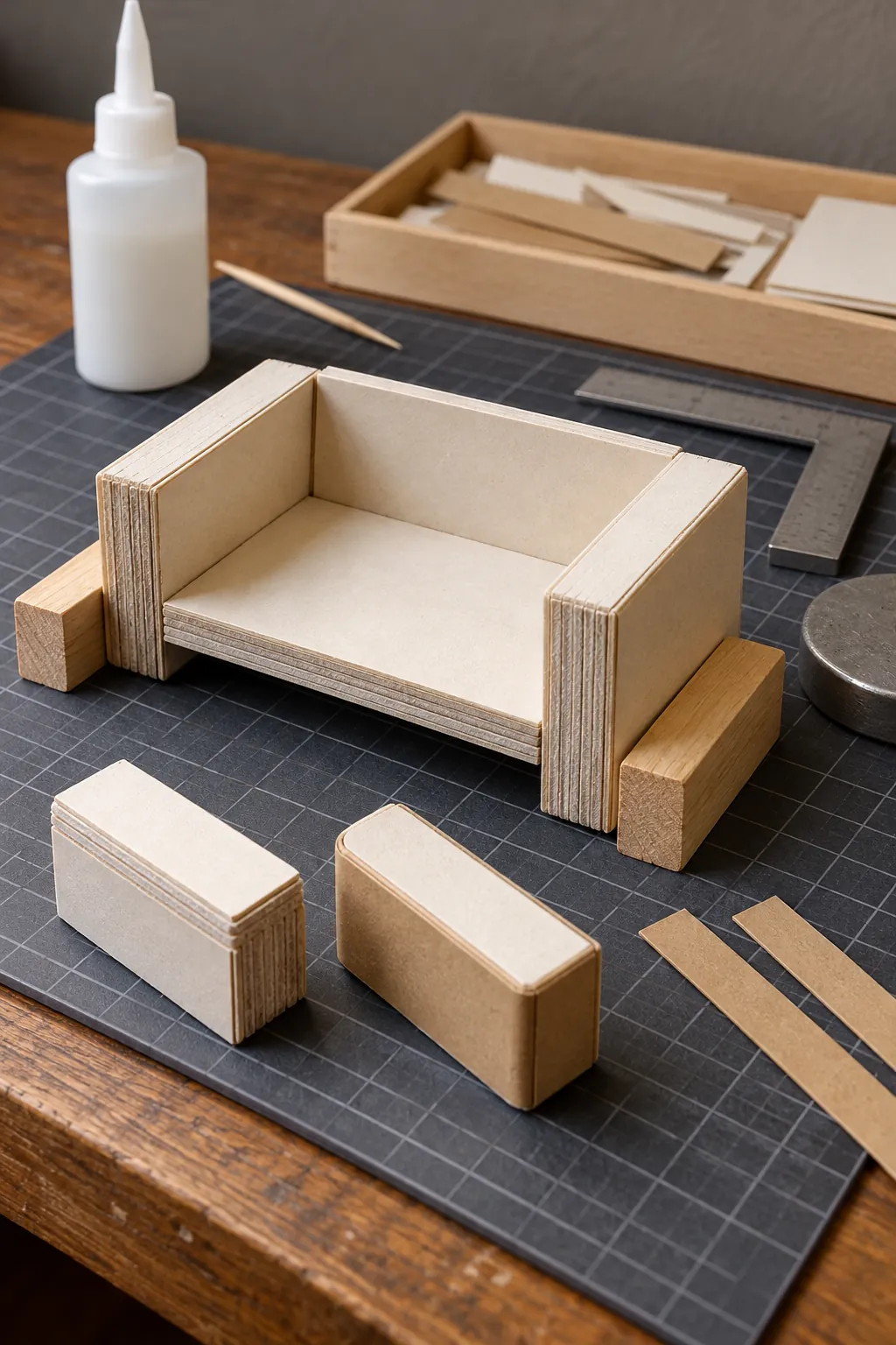 Laminated cardboard frame for a miniature dollhouse sofa