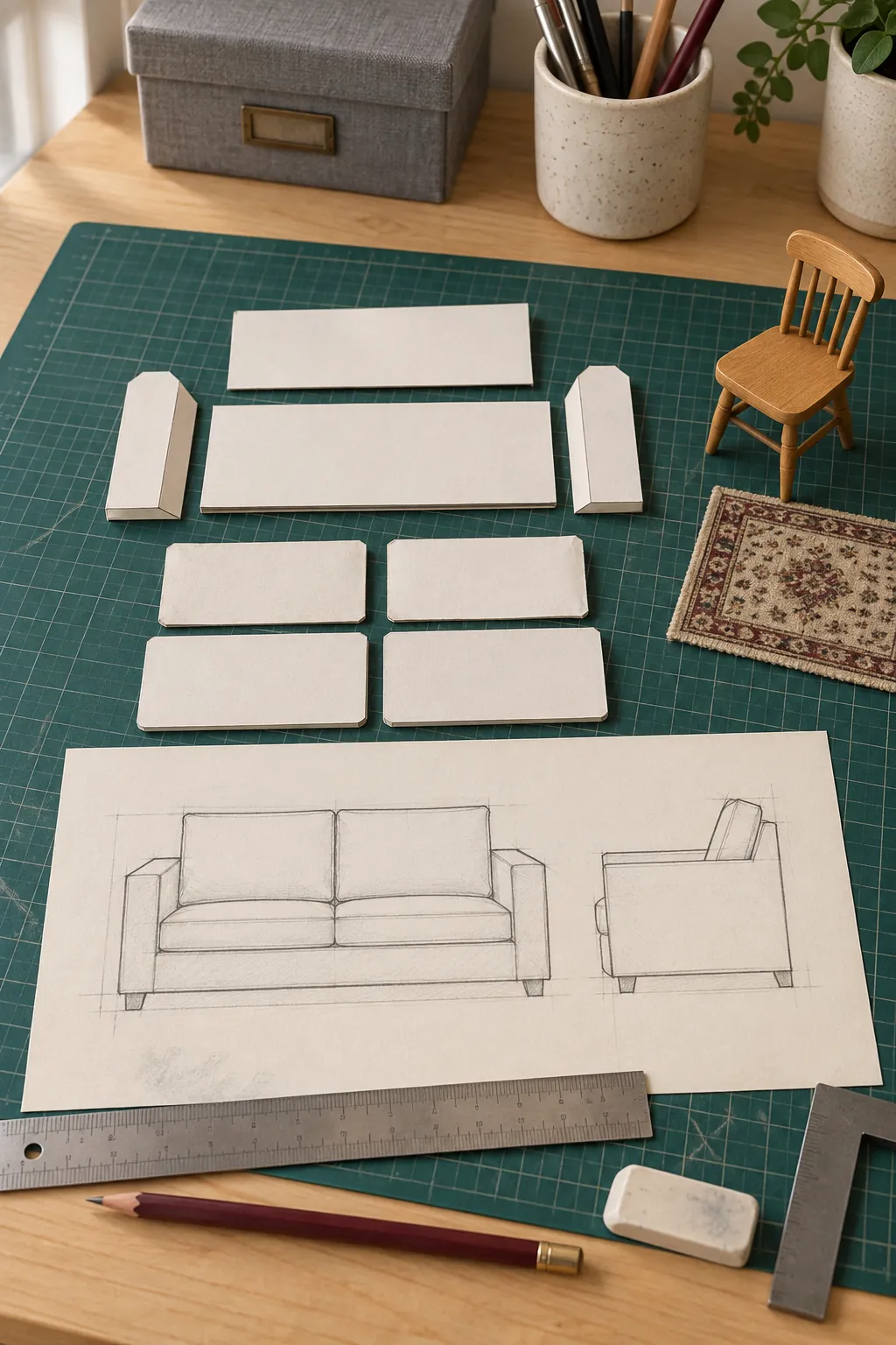 Paper pattern and scale plan for a cardboard dollhouse sofa