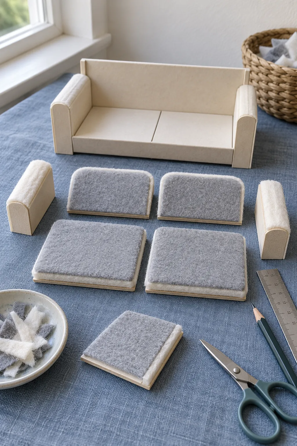 Thin padding fitted to cardboard miniature sofa parts