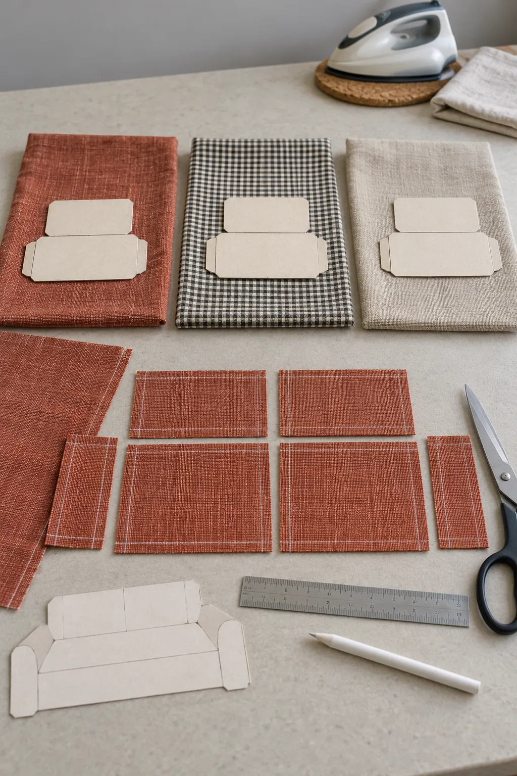 Fine fabric scraps cut for no sew miniature sofa upholstery