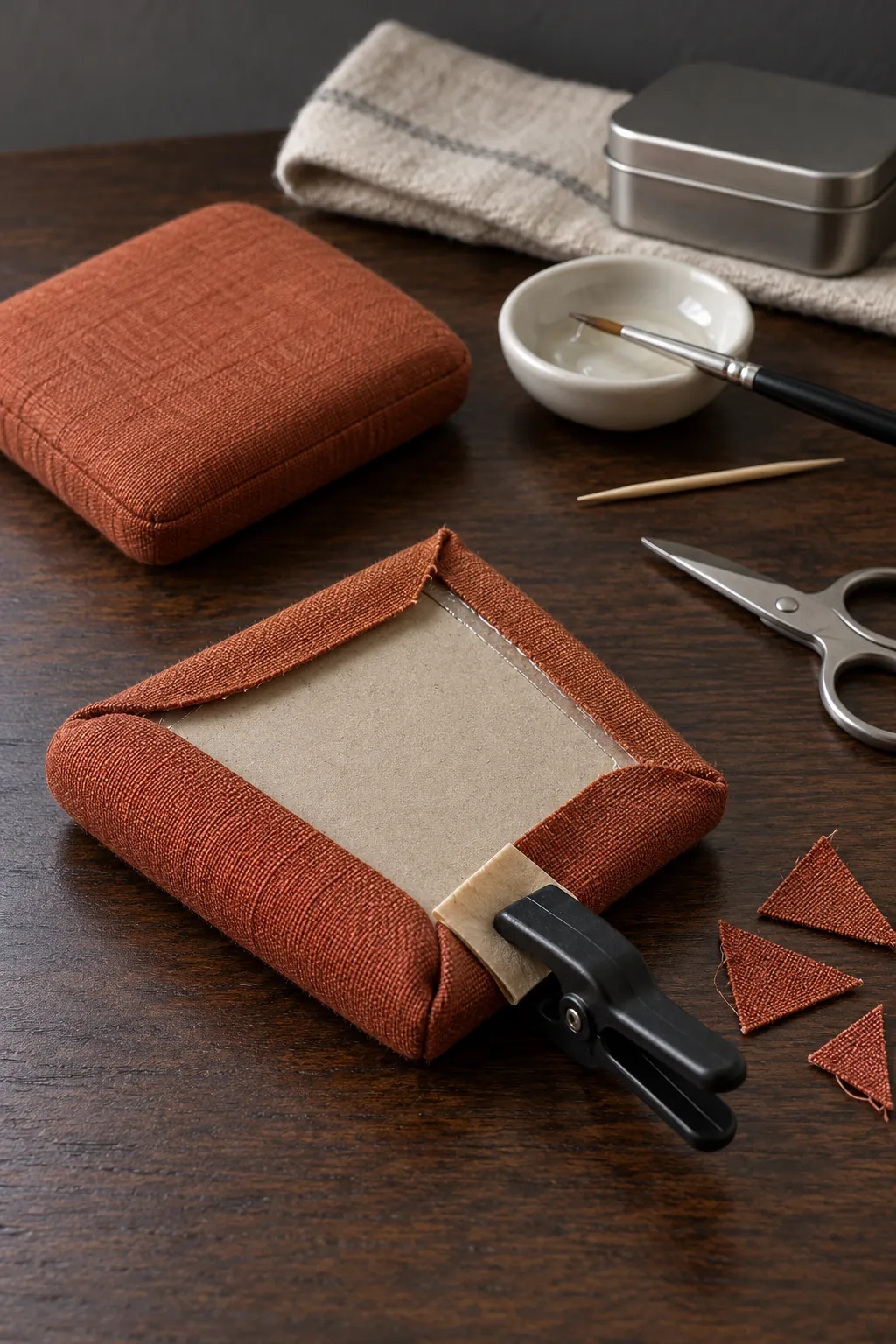 No sew fabric being wrapped around a miniature sofa cushion