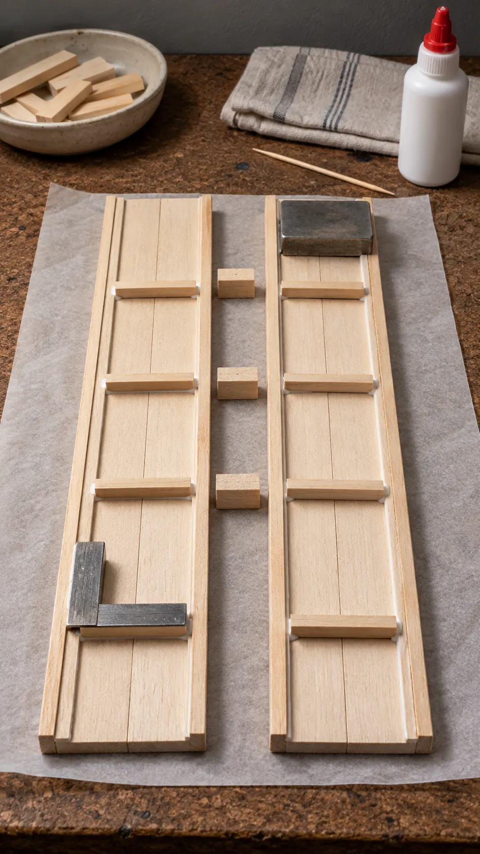 Matching craft stick side panels with miniature shelf supports