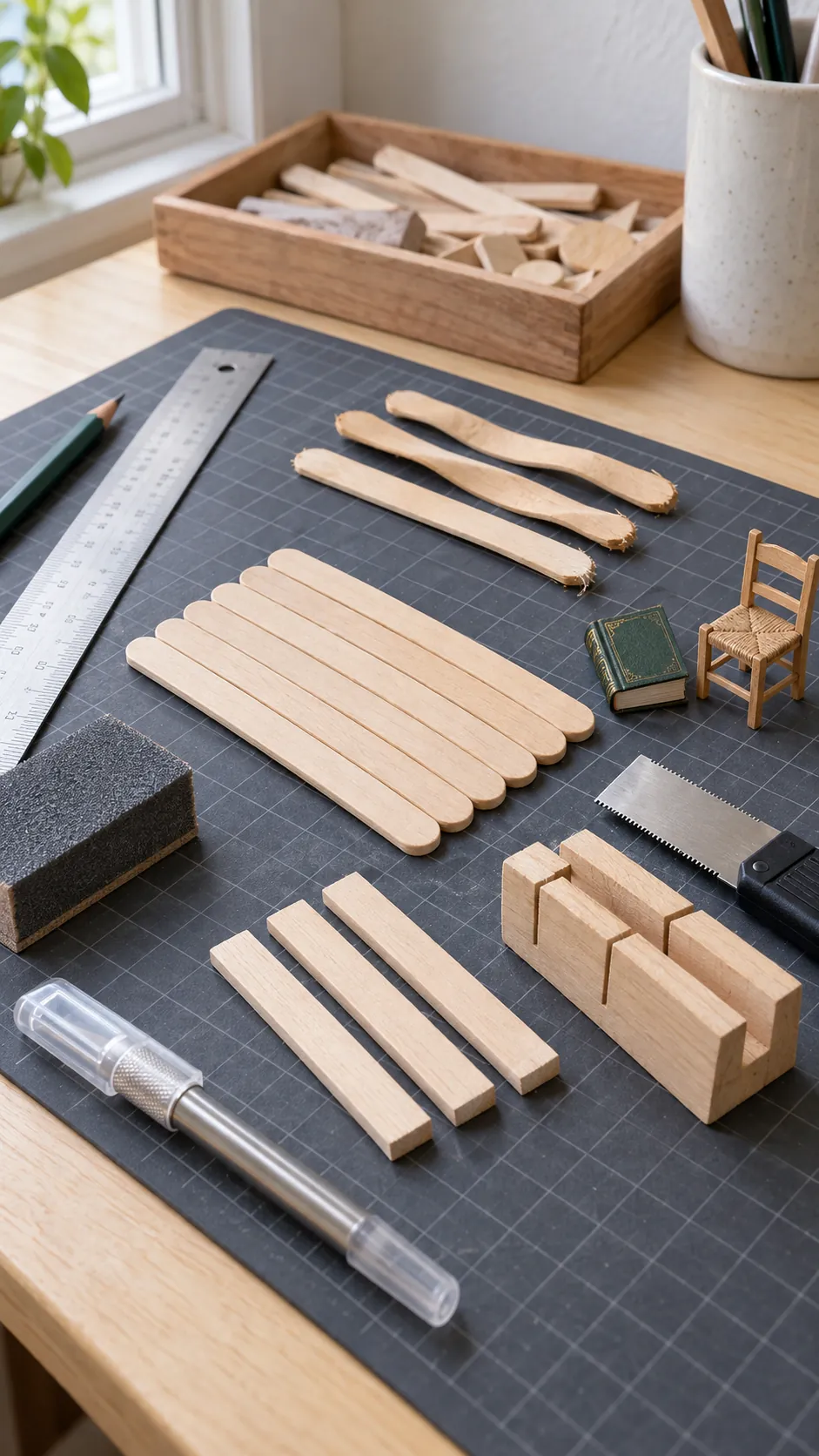Sorted craft sticks and simple tools for a miniature bookshelf