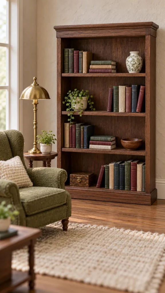Finished DIY miniature bookshelf made from craft sticks