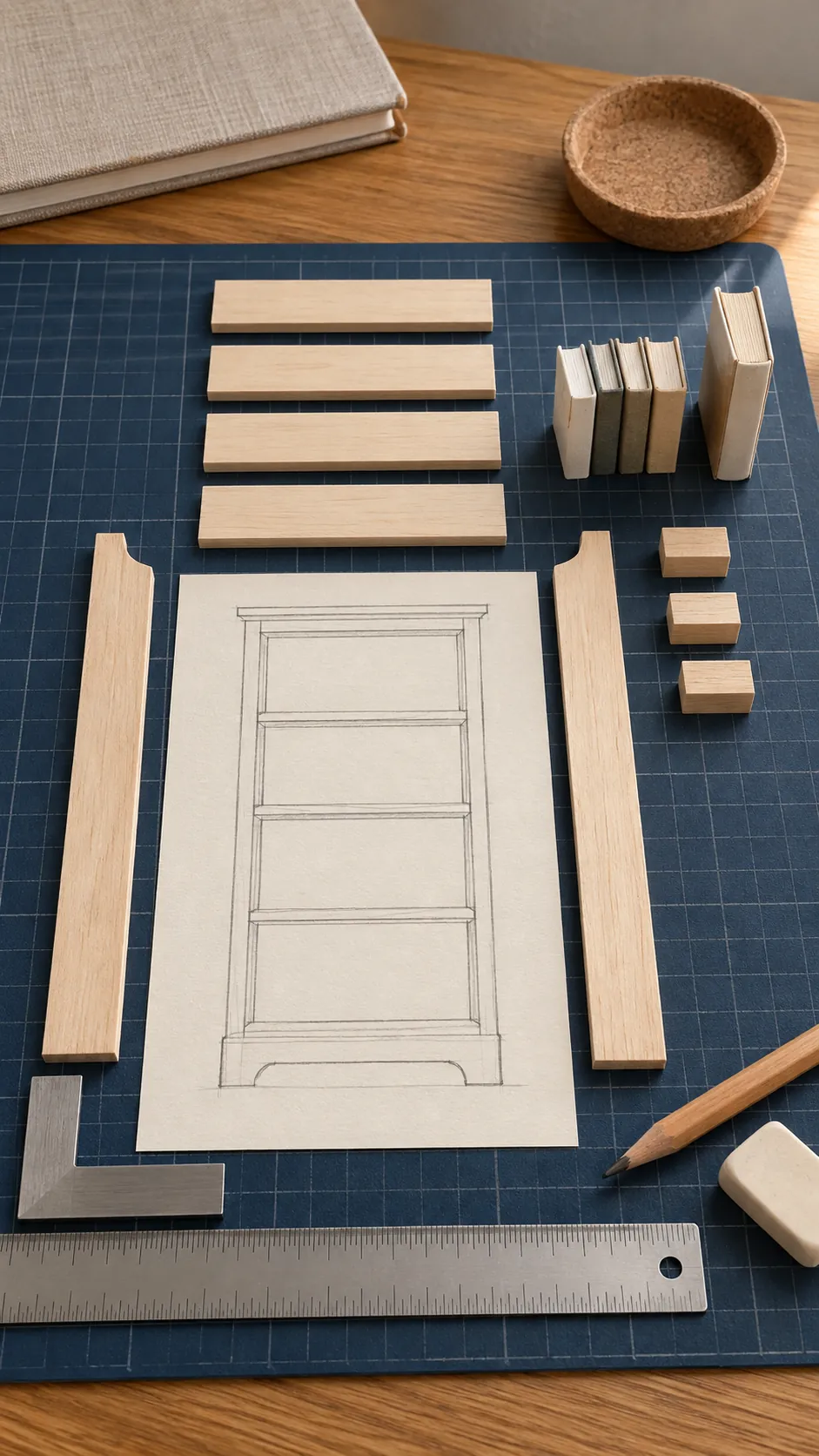Paper plan and spacing blocks for a miniature craft stick bookcase