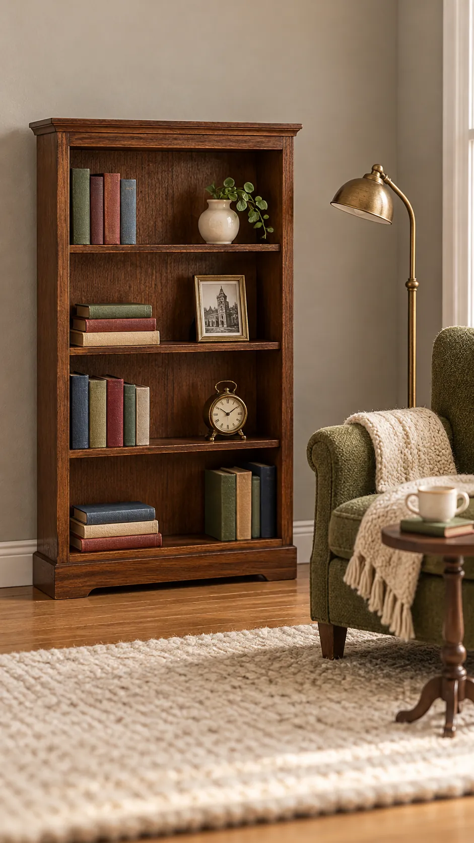 Finished craft stick bookshelf in a miniature dollhouse reading room