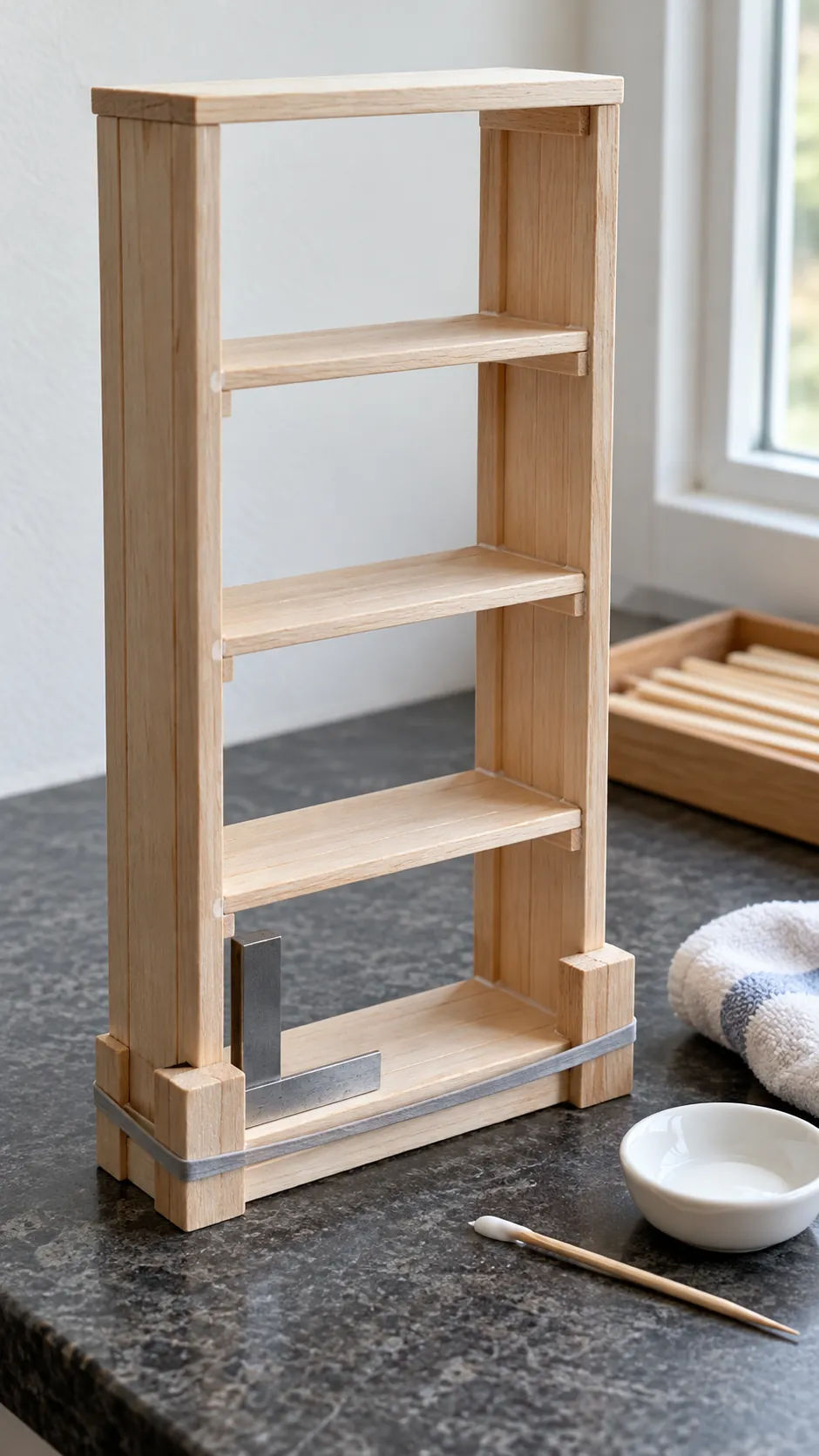 Craft stick miniature bookshelf held square while glue dries