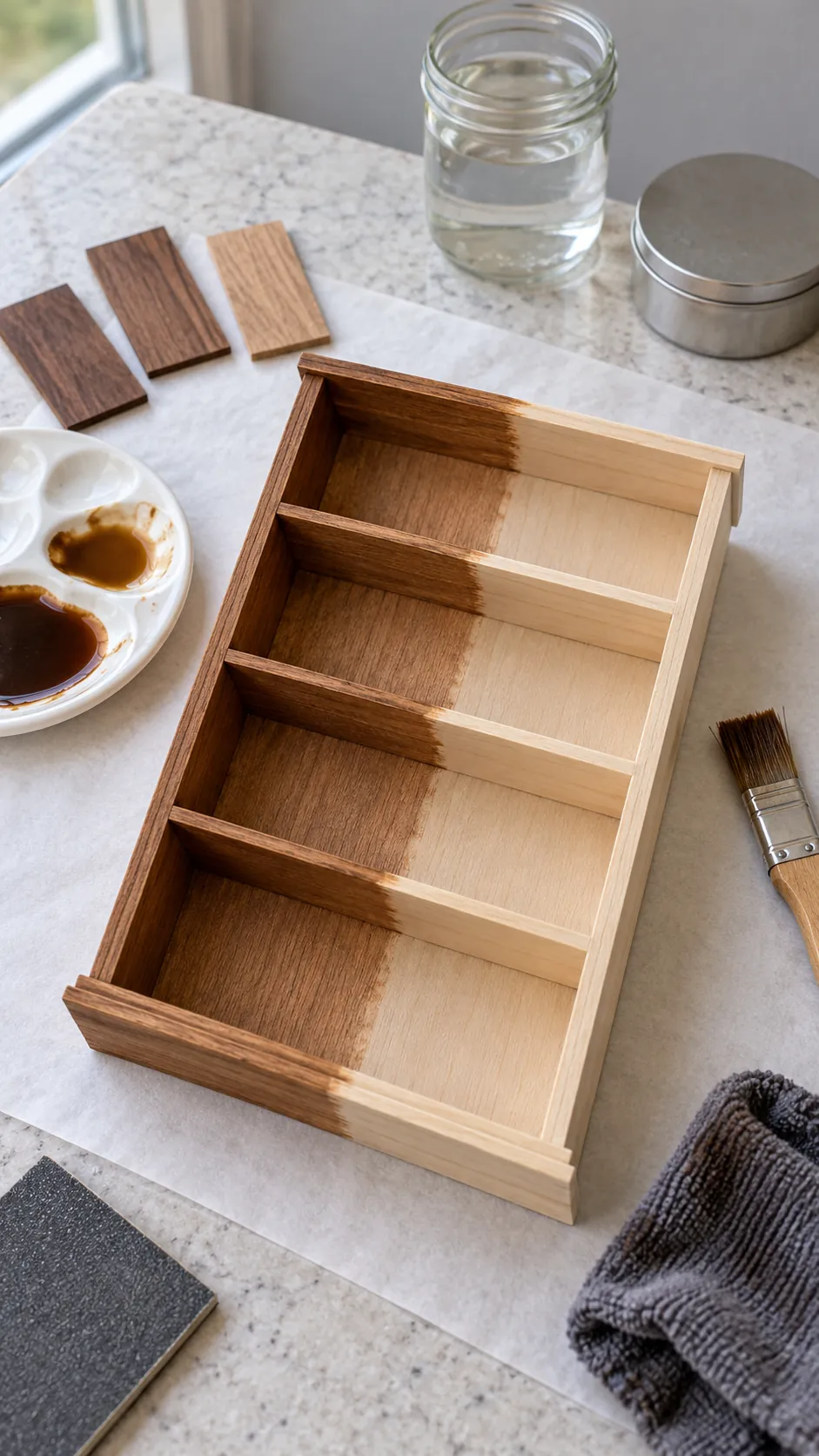 Miniature craft stick bookcase receiving a warm wood finish