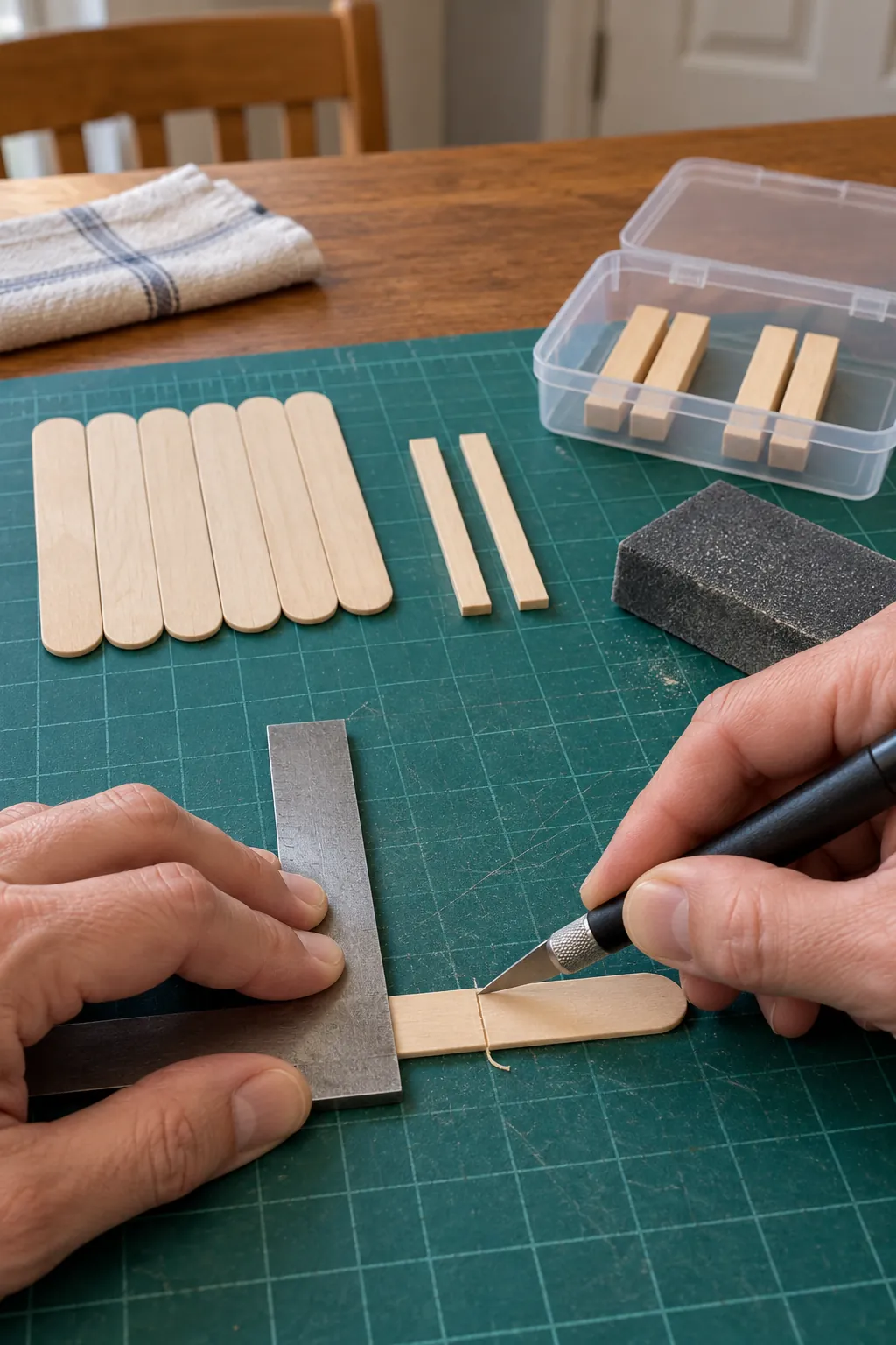 Measured craft sticks prepared for a miniature coffee table