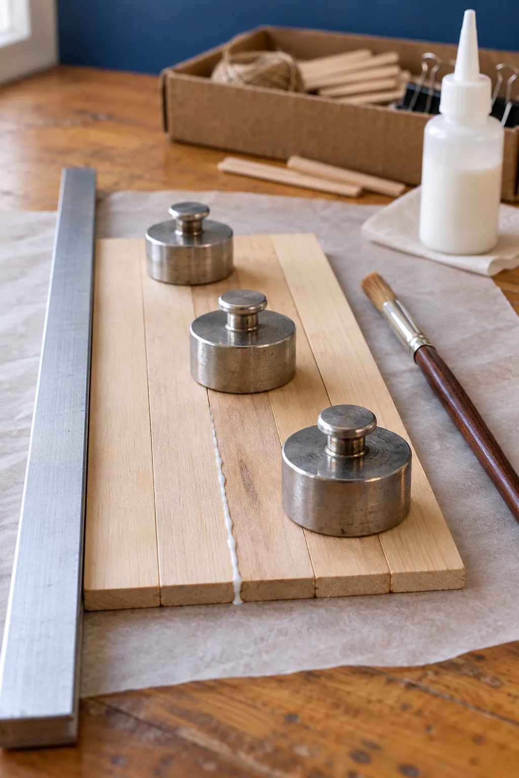 Craft sticks aligned into a flat miniature tabletop panel