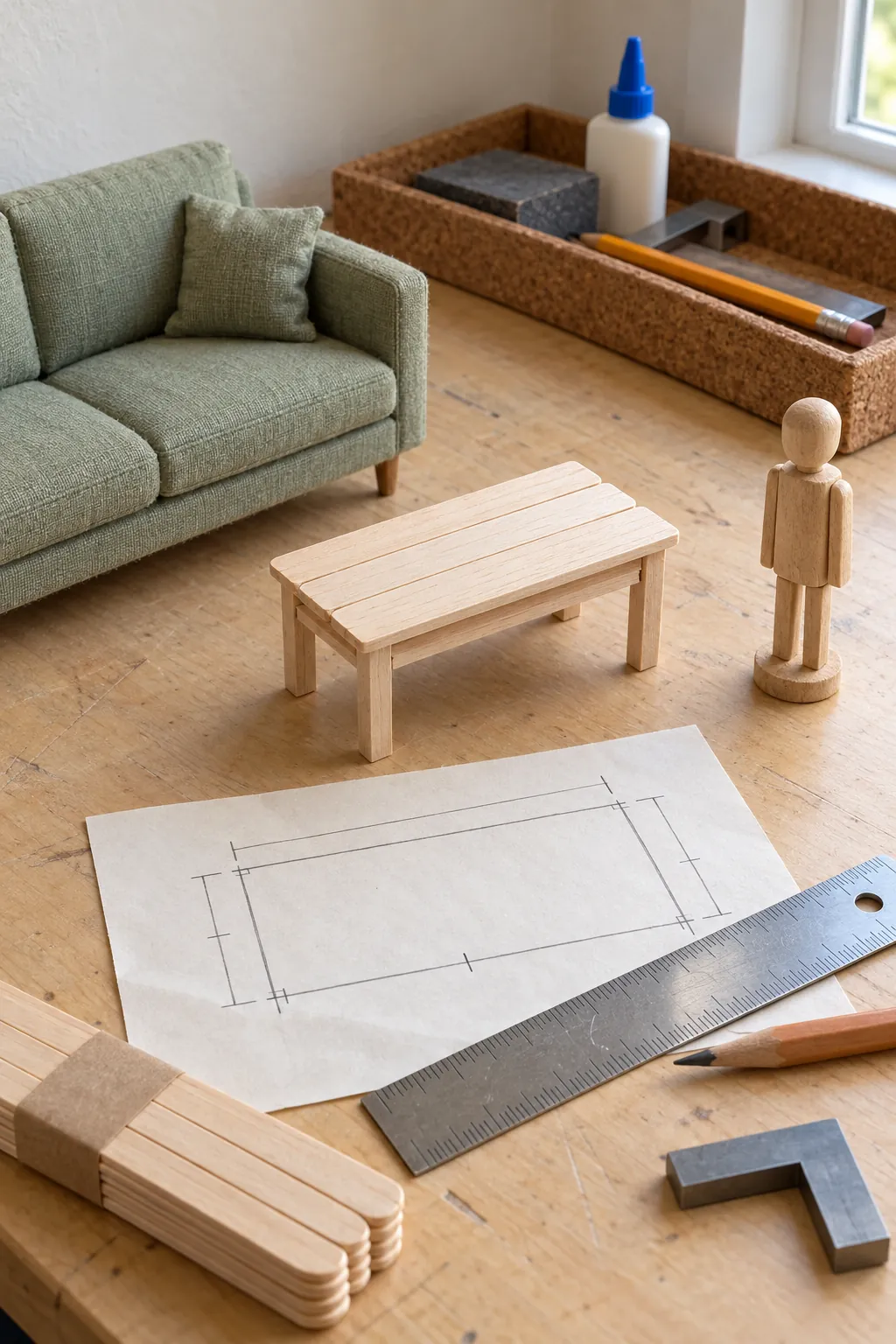 Craft stick miniature coffee table beside a paper scale plan