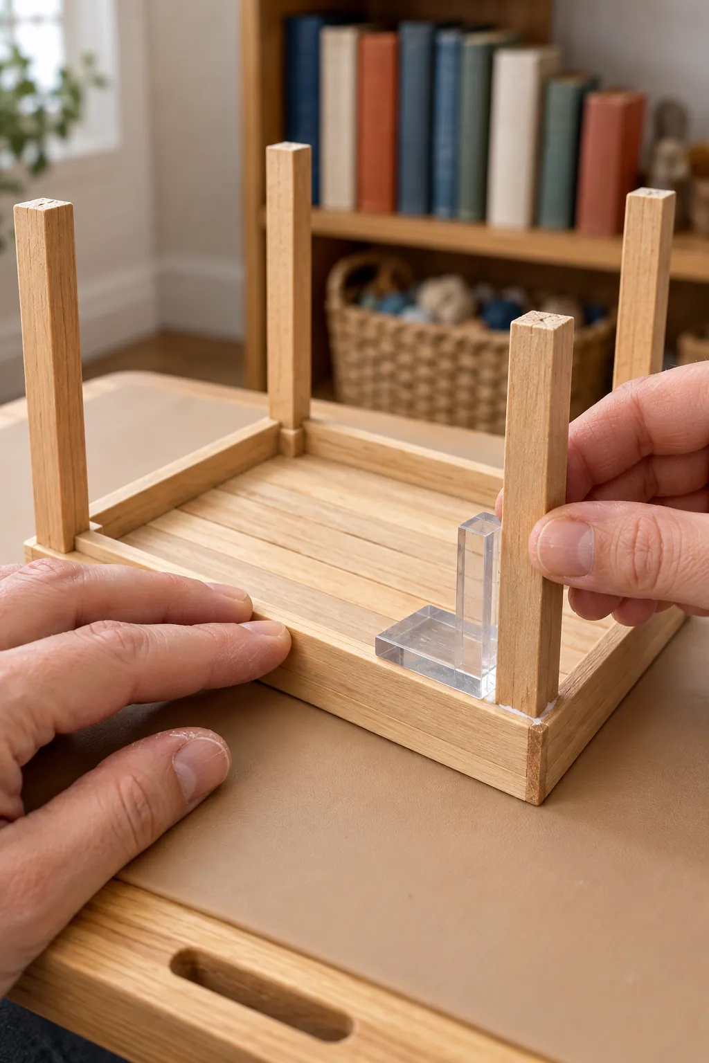 Straight miniature table legs held square while glue dries