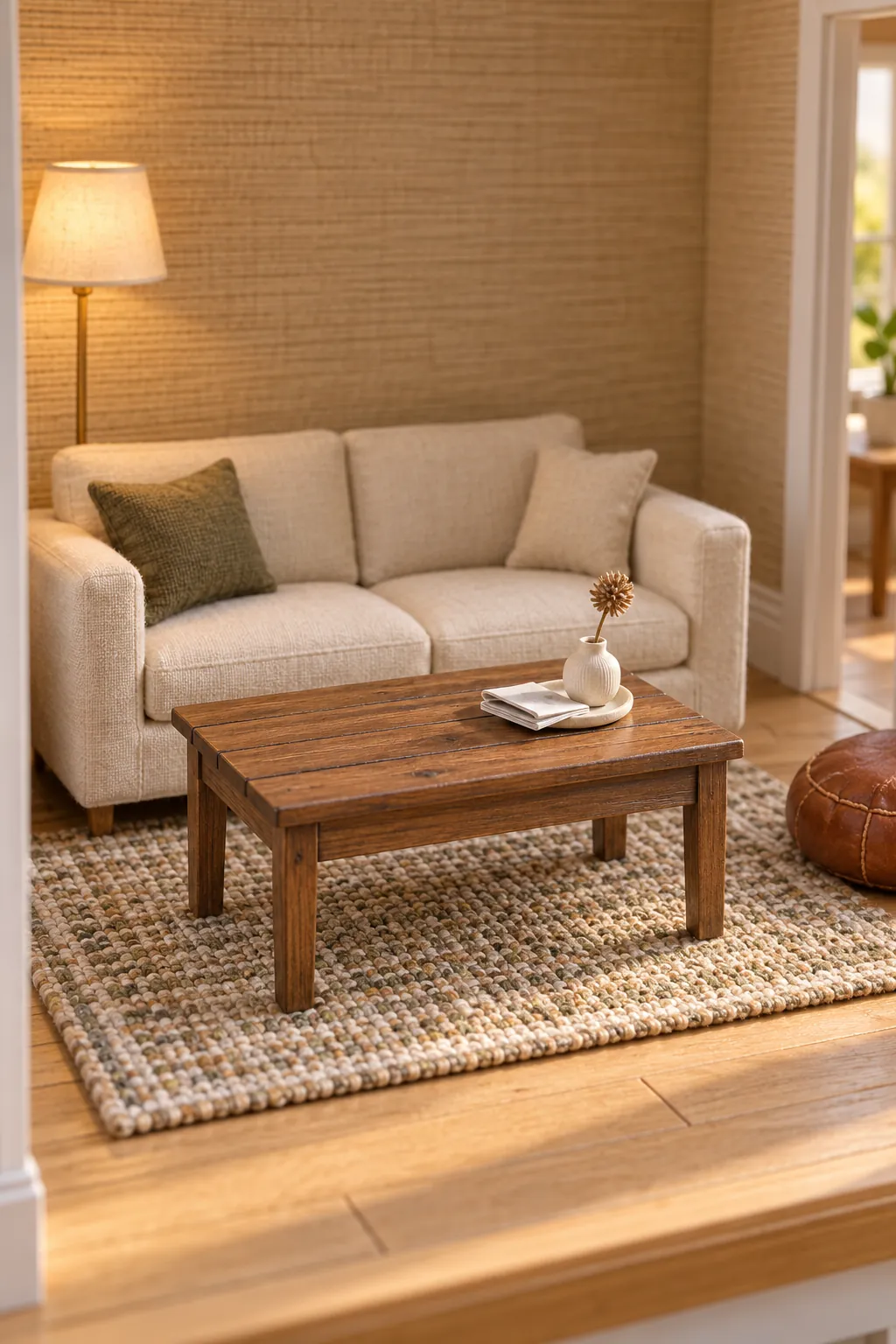 Finished craft stick coffee table styled in a dollhouse living room