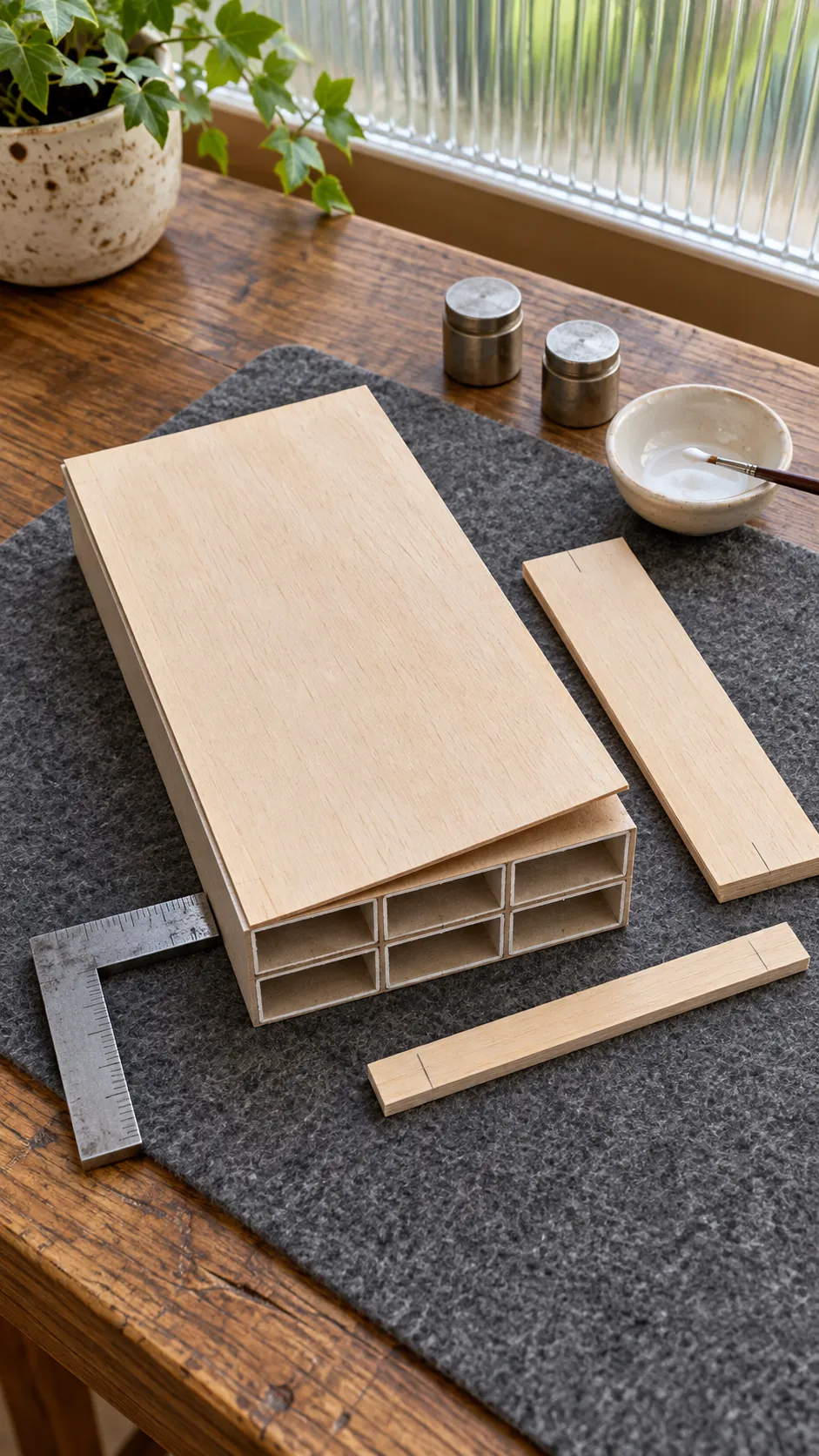 Back, top, and base added to a matchbox dresser