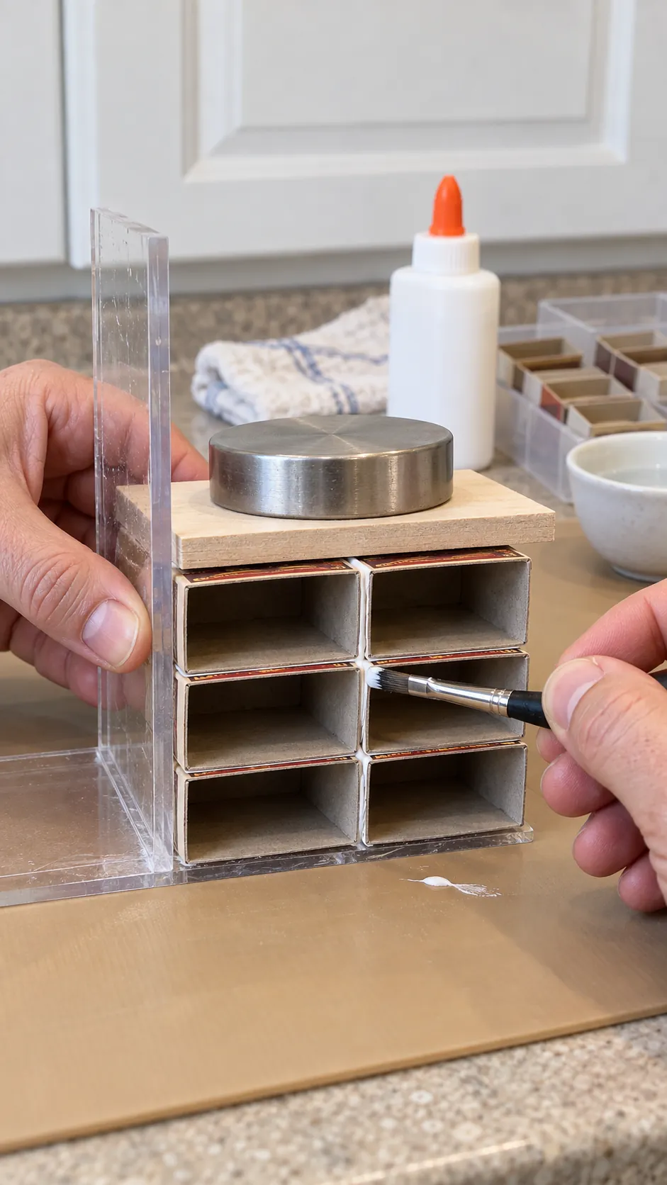 Matchbox sleeves aligned into a square dresser block